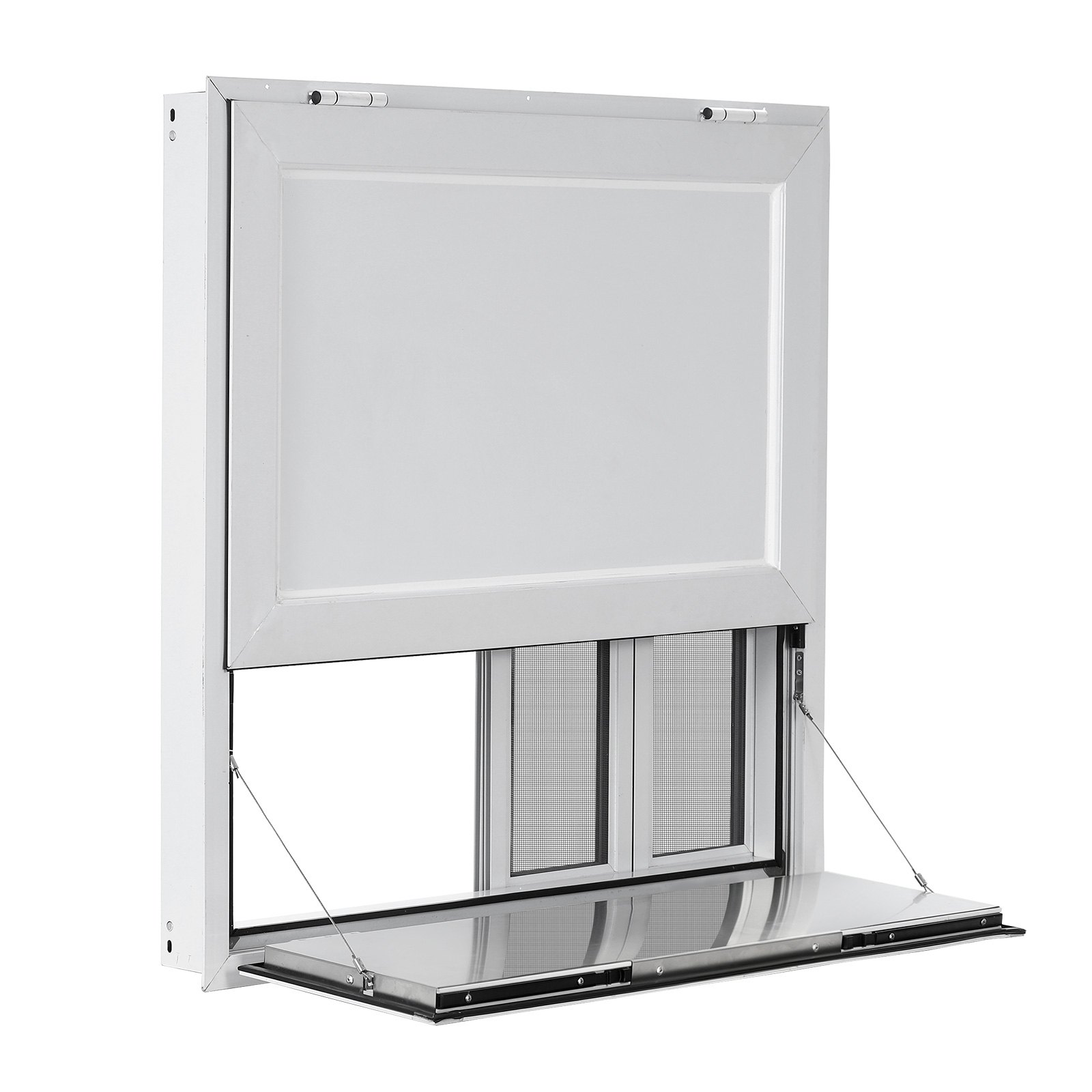 VEVOR Ventana de Camión de Comida 91,5 x 91,5 cm, con 4 Ventanas Corredizas con Mosquitera, Estante Plegable, Marco de Aluminio, con Puerta Tipo Toldo y Gancho de Arrastre, para Puesto de Ventas