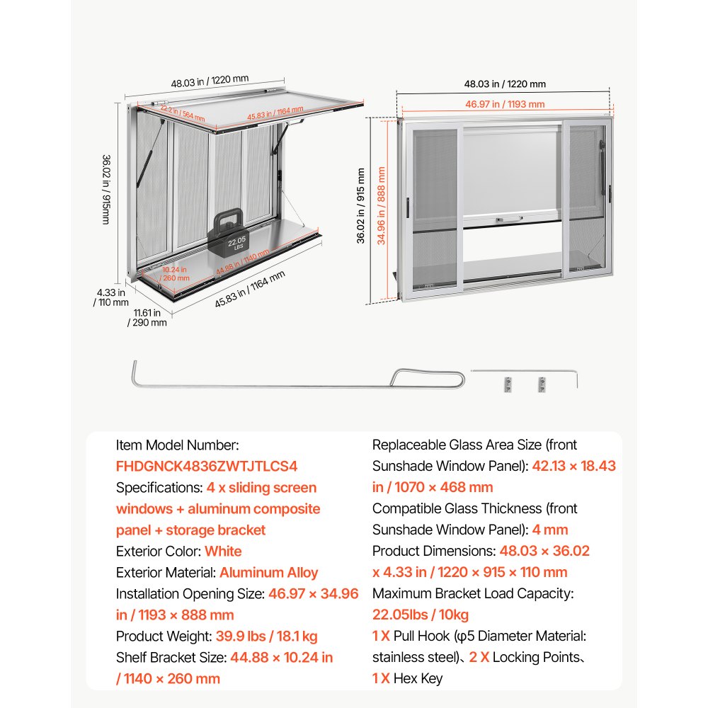 VEVOR Ventana de Servicio para Camión de Comida 122x91,5 cm 4 Ventanas Corredizas con Mosquitera, Estante Plegable, Marco de Aluminio, con Puerta Tipo Toldo y Gancho de Arrastre, para Puesto de Ventas
