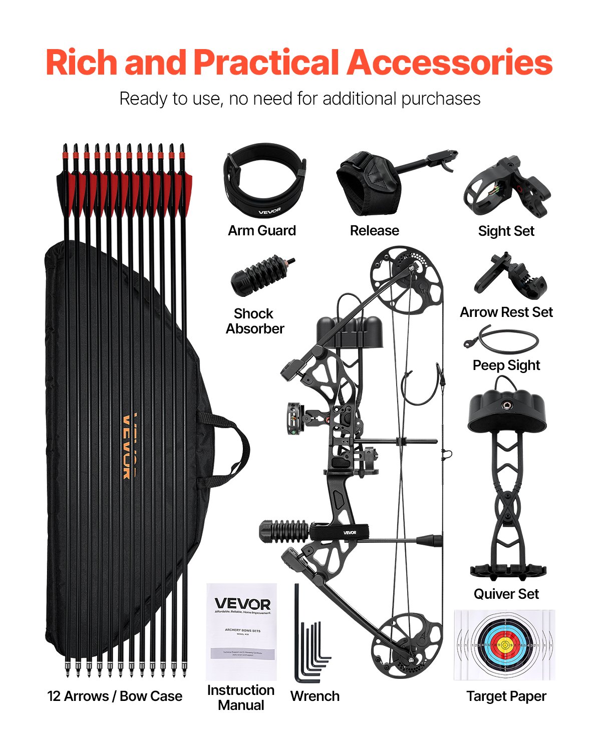 VEVOR Compound Bow Archery, Adjustable 482.6-762 mm Draw Length, Compound Bow Package for Beginners, 8.62-31.75 kg Draw Weight, Right-Handed Kit with Hunting Equipment, 320 fps, Black