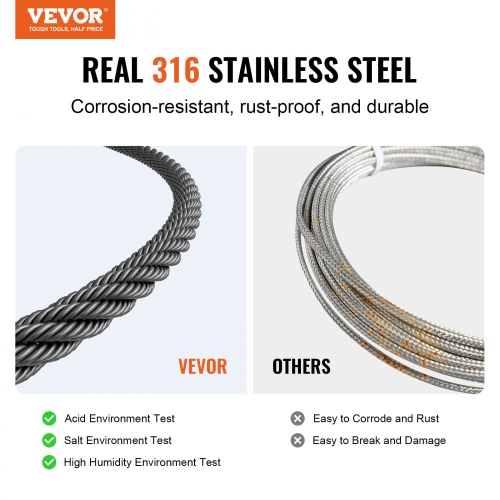 VEVOR Kit de Cables de Alambre de 3,18 mm Cable de Acero Inoxidable 316 de 152,4 m con Cortador y Guantes, Resistencia a la Rotura de 7,1 kN, 7 x 7 Hebras, Cables de Grado de Aeronáutico, Negro