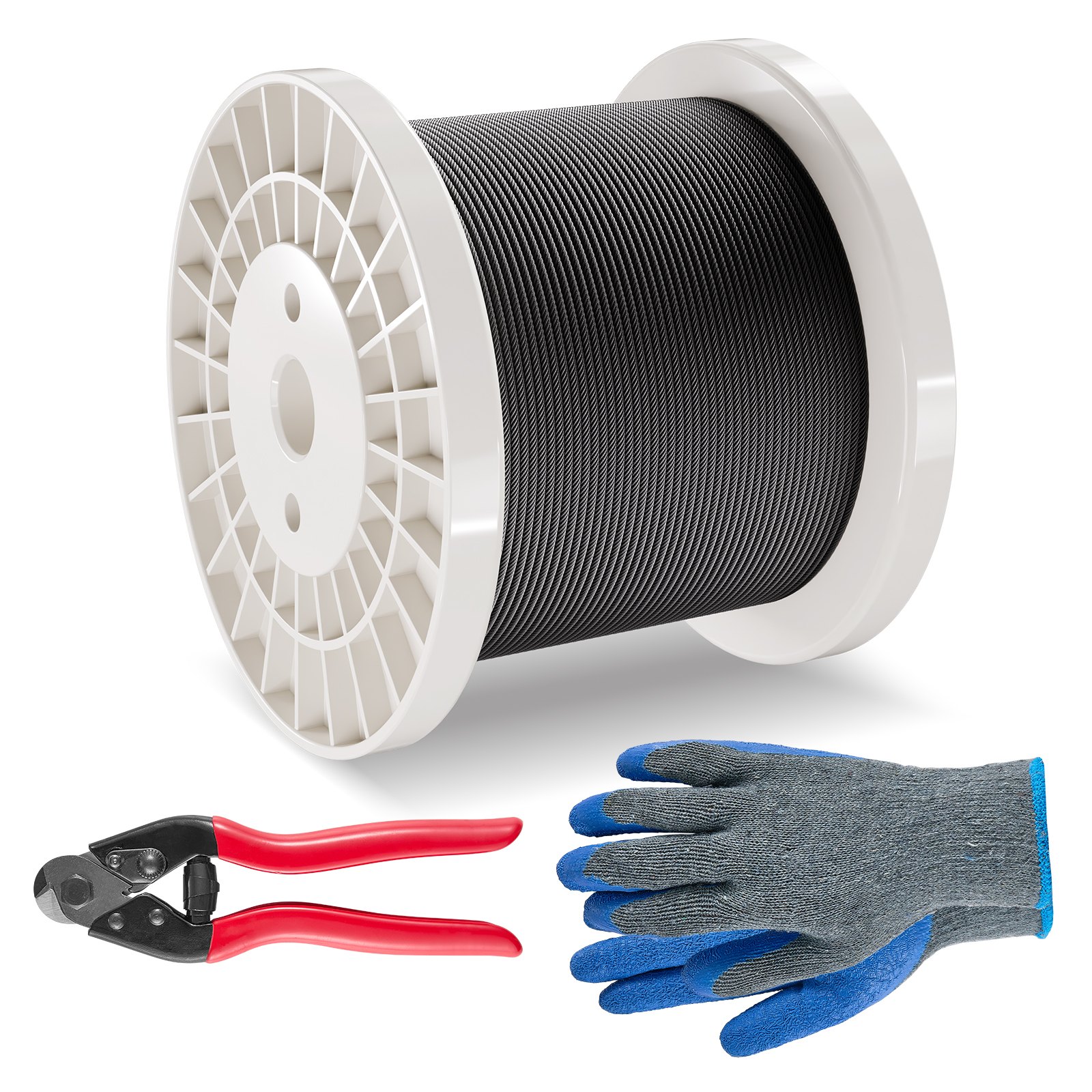 VEVOR Kit de Cables de Alambre de 3,18 mm Cable de Acero Inoxidable 316 de 152,4 m con Cortador y Guantes, Resistencia a la Rotura de 7,1 kN, 7 x 7 Hebras, Cables de Grado de Aeronáutico, Negro