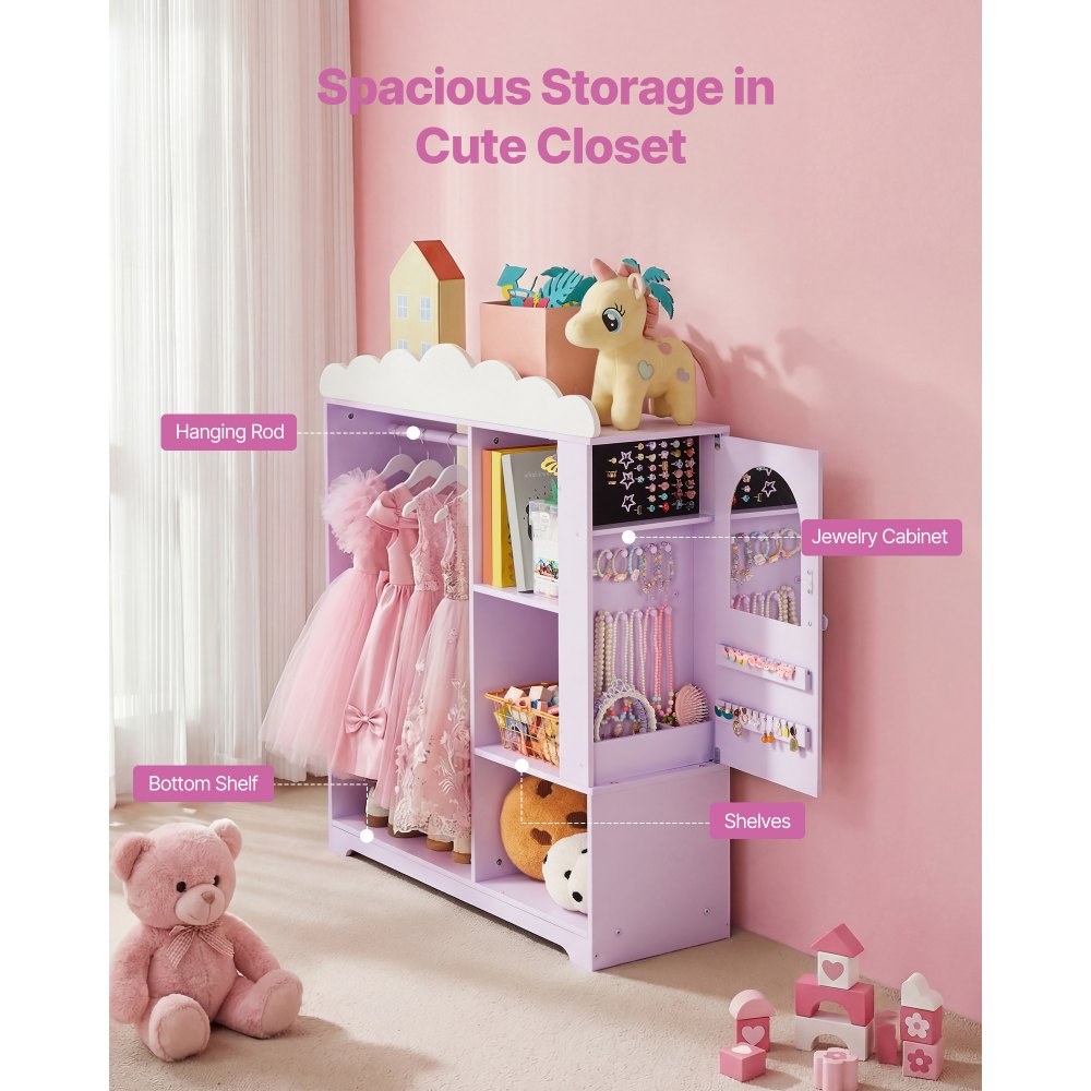 VEVOR Armario de Disfraces para Niños con Espejo, Perchero Infantil con Joyero, Mueble de Madera Estilo Cuento de Hadas para Dormitorio y Juegos, Organizador de Ropa con Barra y Compartimentos, Morado