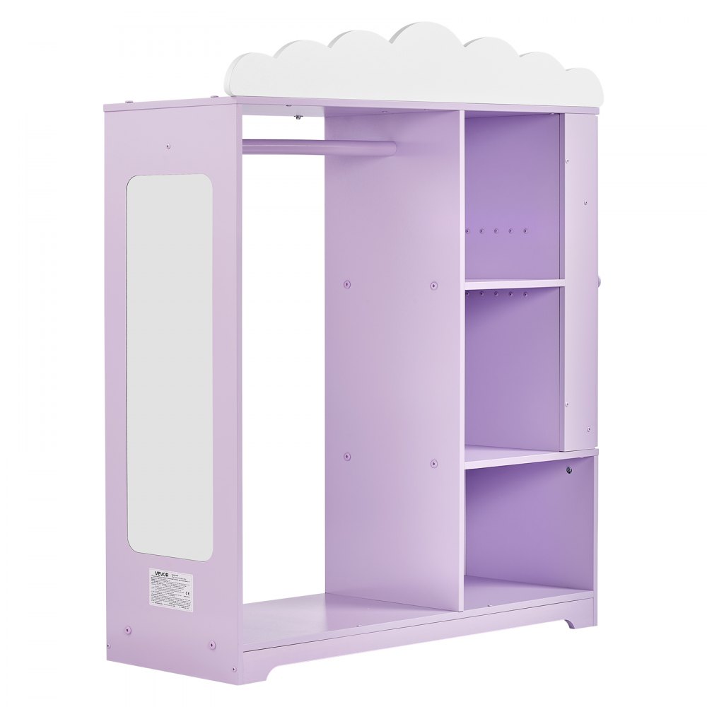 VEVOR Armario de Disfraces para Niños con Espejo, Perchero Infantil con Joyero, Mueble de Madera Estilo Cuento de Hadas para Dormitorio y Juegos, Organizador de Ropa con Barra y Compartimentos, Morado