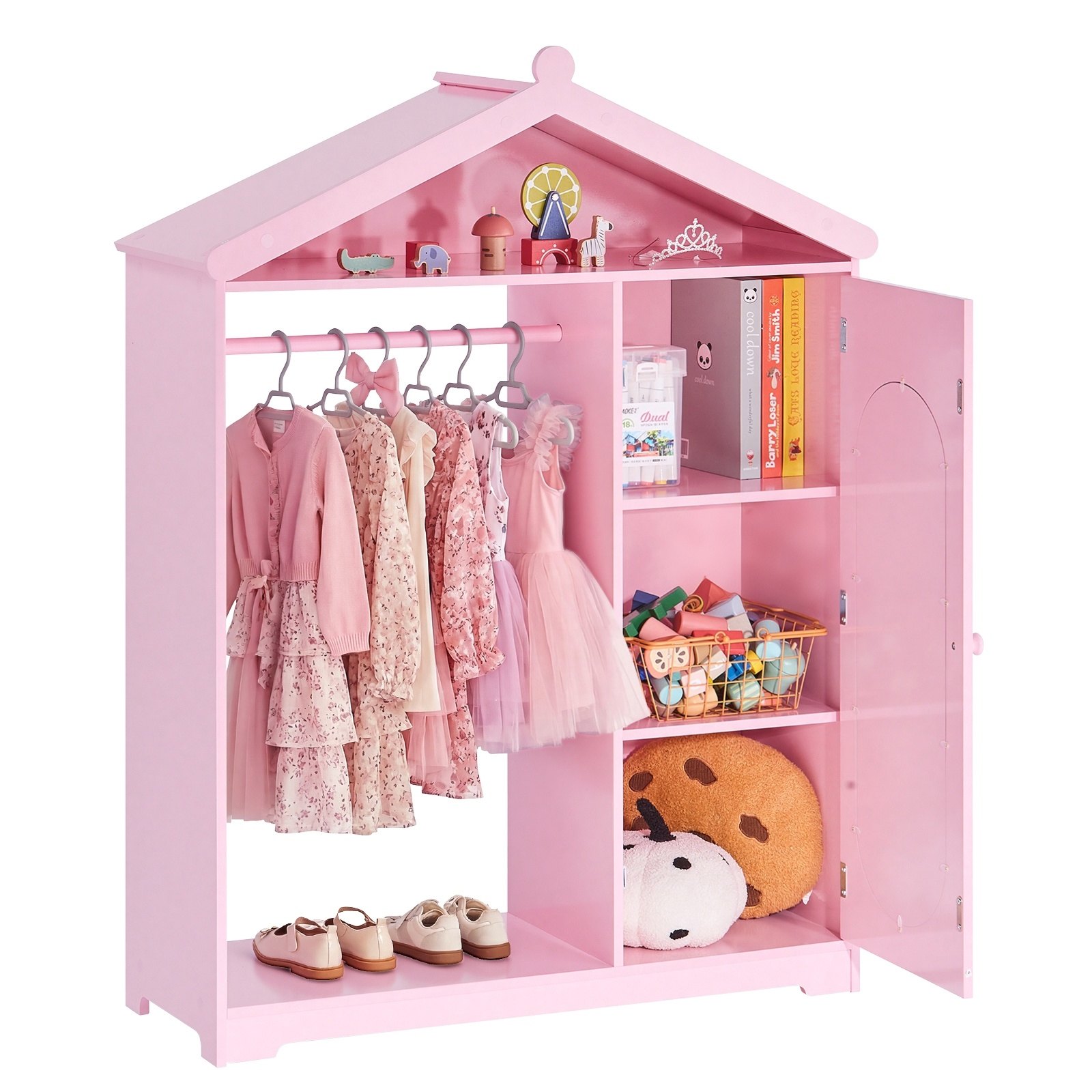 VEVOR Armario de Disfraces para Niños con Espejo, Perchero Infantil con Estantes, Mueble de Madera Estilo Cuento de Hadas para Dormitorio, Juegos, Organizador de Ropa con Barra y Compartimentos, Rosa