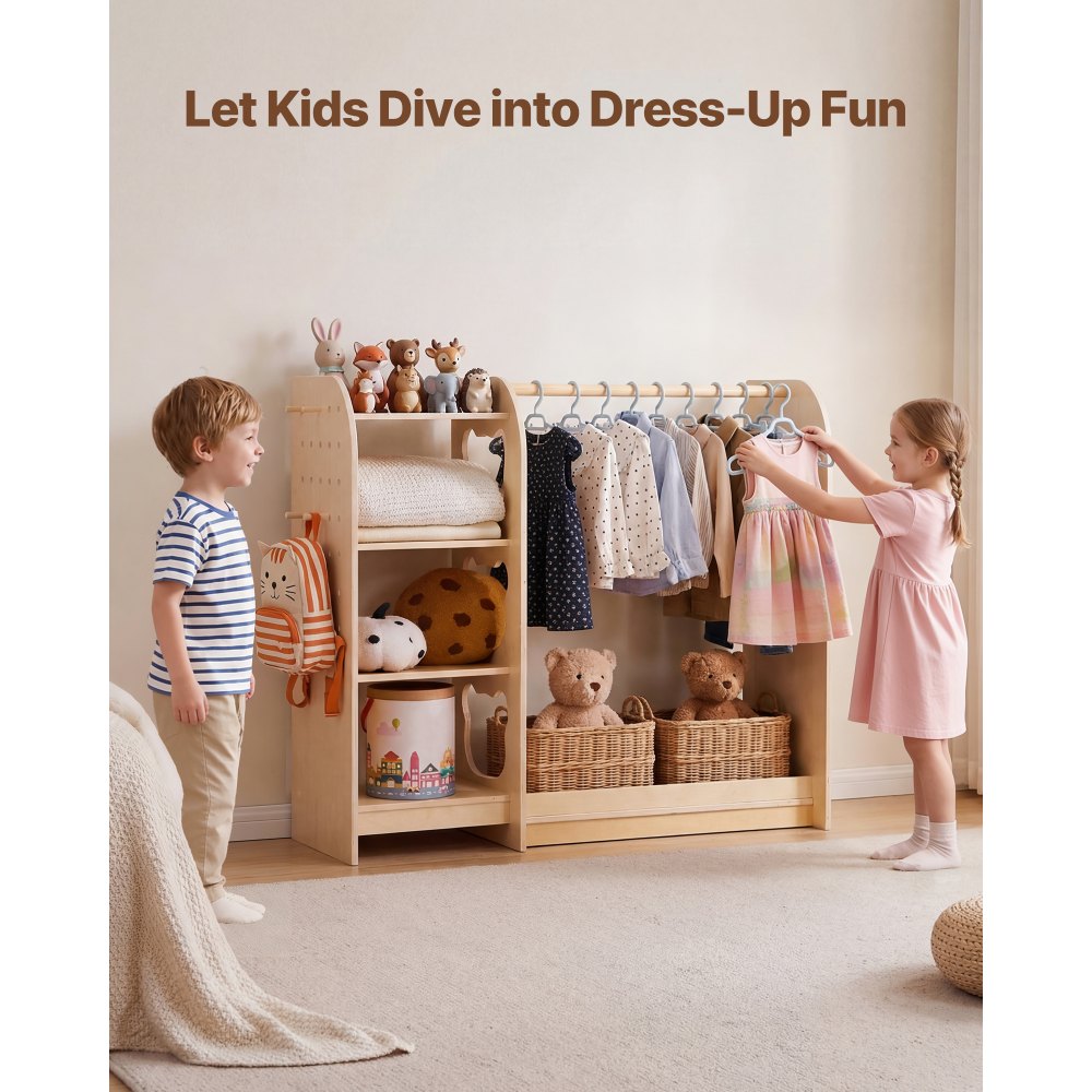 VEVOR Armario de Disfraces para Niños con Espejo, Perchero Infantil con Estantes, Mueble Montessori de Madera Natural, Organizador de Ropa con Barra y Compartimentos para Dormitorio y Cuarto de Juegos