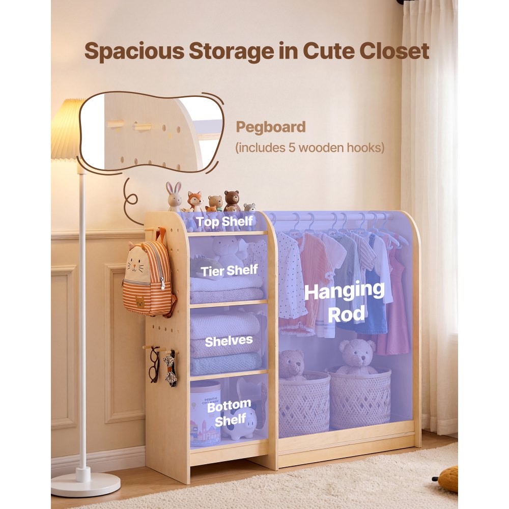 VEVOR Armario de Disfraces para Niños con Espejo, Perchero Infantil con Estantes, Mueble Montessori de Madera Natural, Organizador de Ropa con Barra y Compartimentos para Dormitorio y Cuarto de Juegos