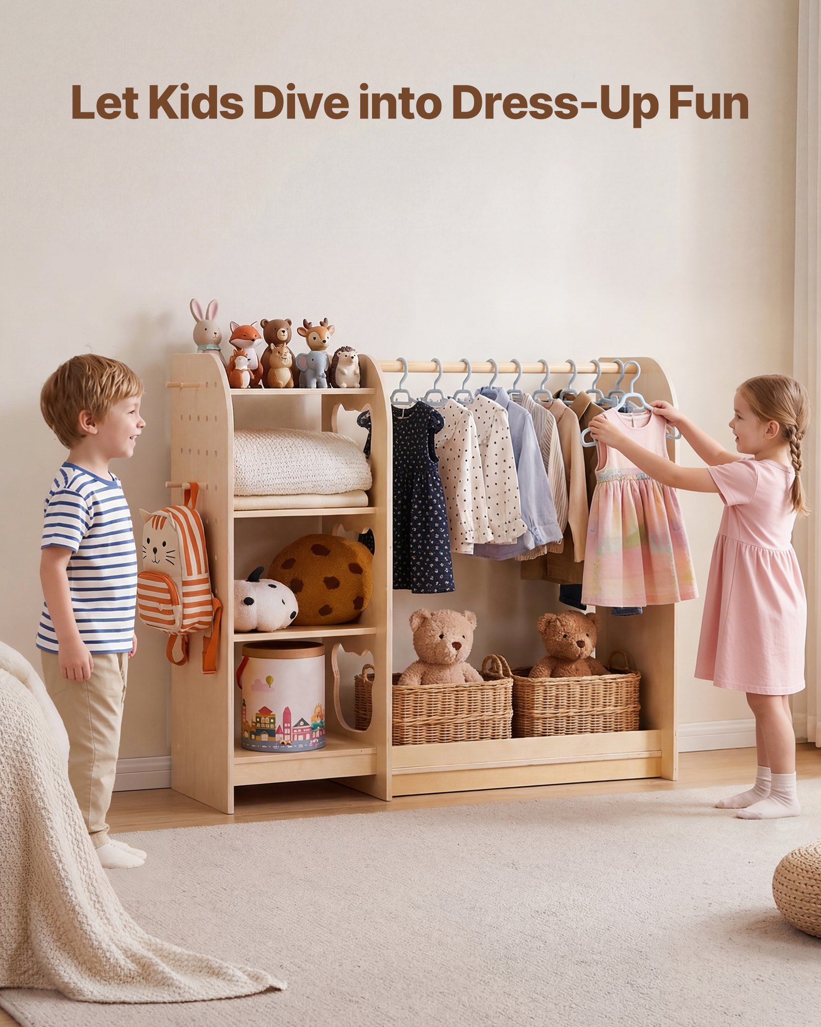 VEVOR Armario de Disfraces para Niños con Espejo, Perchero Infantil con Estantes, Mueble Montessori de Madera Natural, Organizador de Ropa con Barra y Compartimentos para Dormitorio y Cuarto de Juegos