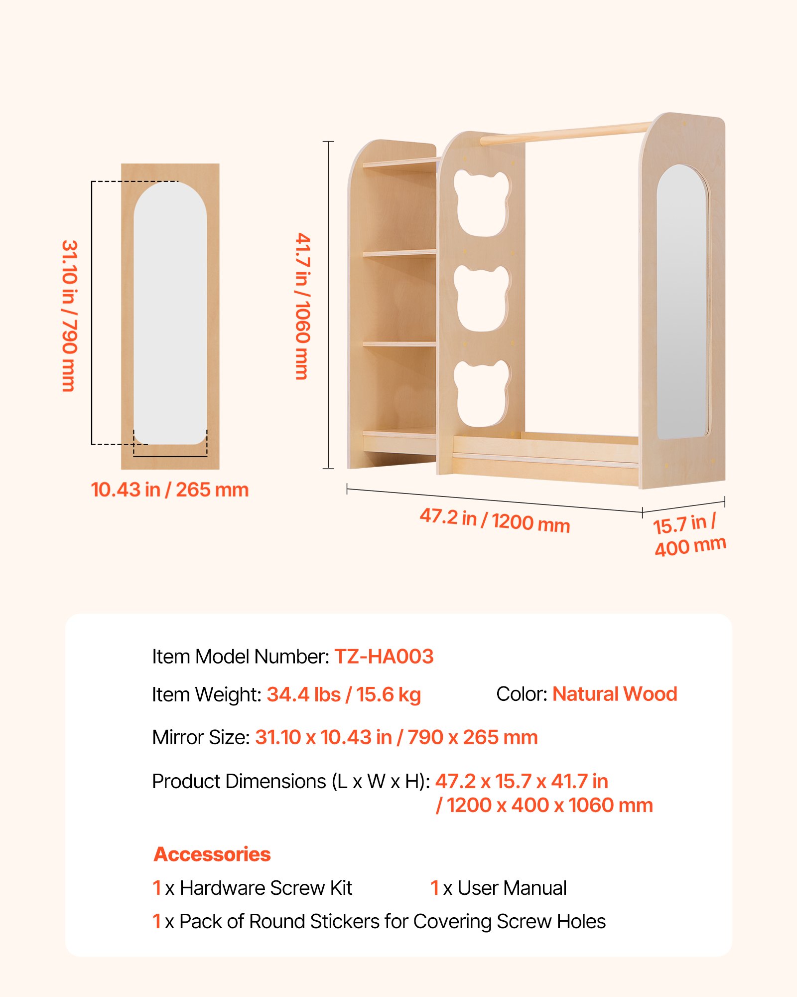VEVOR Armario de Disfraces para Niños con Espejo, Perchero Infantil con Estantes, Mueble Montessori de Madera Natural, Organizador de Ropa con Barra y Compartimentos para Dormitorio y Cuarto de Juegos