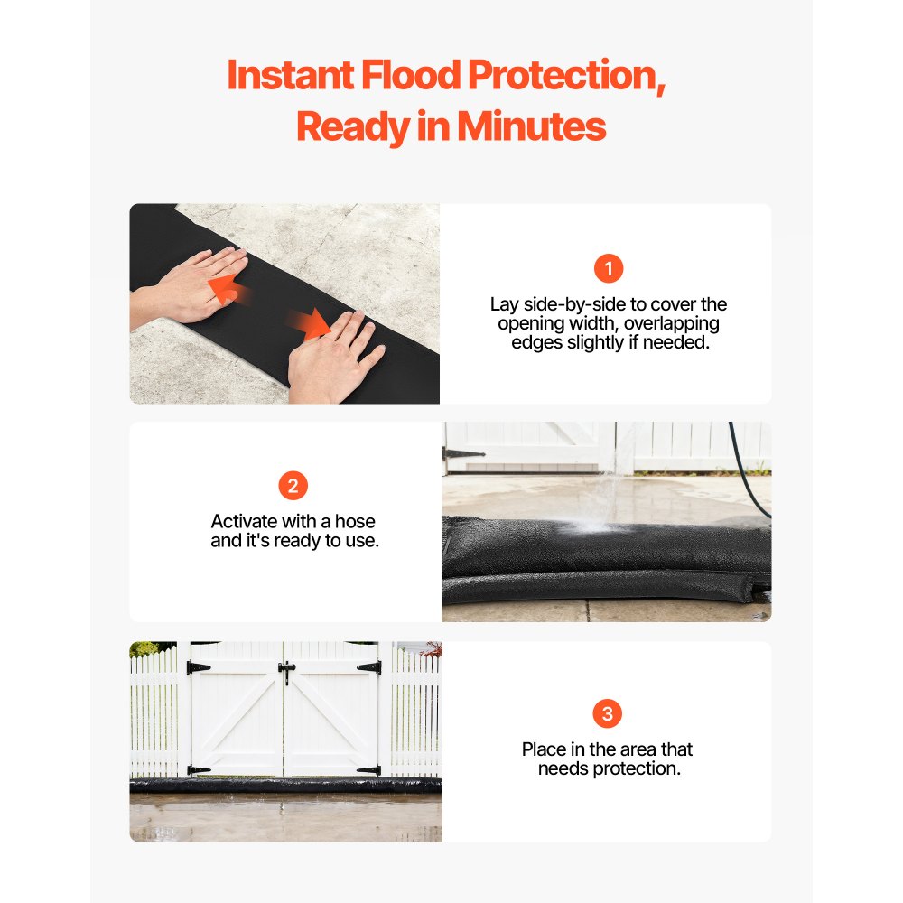 VEVOR Barrera Antiinundación Activada por Agua, 8 Bolsas de 5230 x 210 x 3 mm, Reutilizable, Absorbente de Agua, Dispositivo de Protección para Puertas, Garajes y Emergencias ante Tormentas, Negro