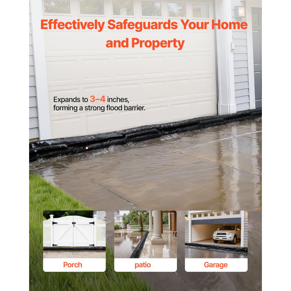 VEVOR Barrera Antiinundación Activada por Agua, 8 Bolsas de 5230 x 210 x 3 mm, Absorbente de Agua, Dispositivo de Protección para Puertas, Garajes y Emergencias ante Tormentas, Negro