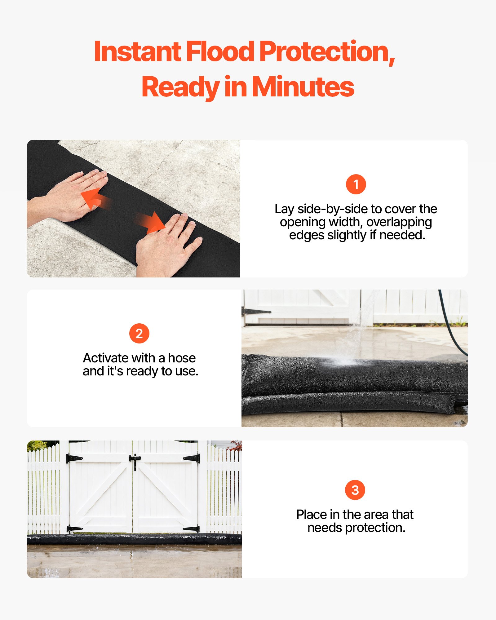 VEVOR Barrera Antiinundación Activada por Agua, 8 Bolsas de 5230 x 210 x 3 mm, Reutilizable, Absorbente de Agua, Dispositivo de Protección para Puertas, Garajes y Emergencias ante Tormentas, Negro