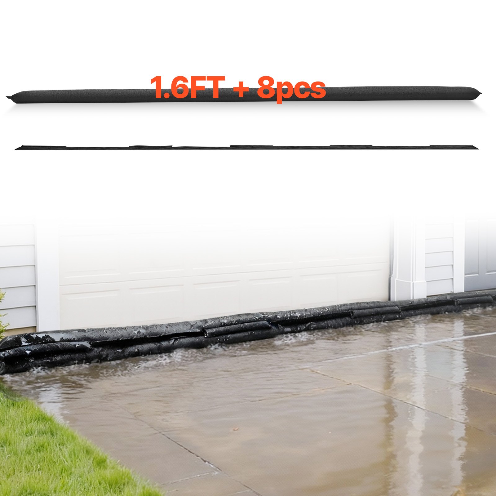 VEVOR Barrera Antiinundación Activada por Agua, 8 Bolsas de 5230 x 210 x 3 mm, Absorbente de Agua, Dispositivo de Protección para Puertas, Garajes y Emergencias ante Tormentas, Negro