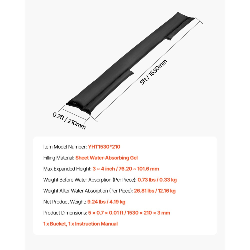 VEVOR Barrera Antiinundación Activada por Agua, 10 Bolsas de 152 x 21 cm con Cubo, Reutilizable, Capacidad de Absorción de Agua 11,83 kg, Dispositivo de Protección para Puertas, Sótanos y Garajes