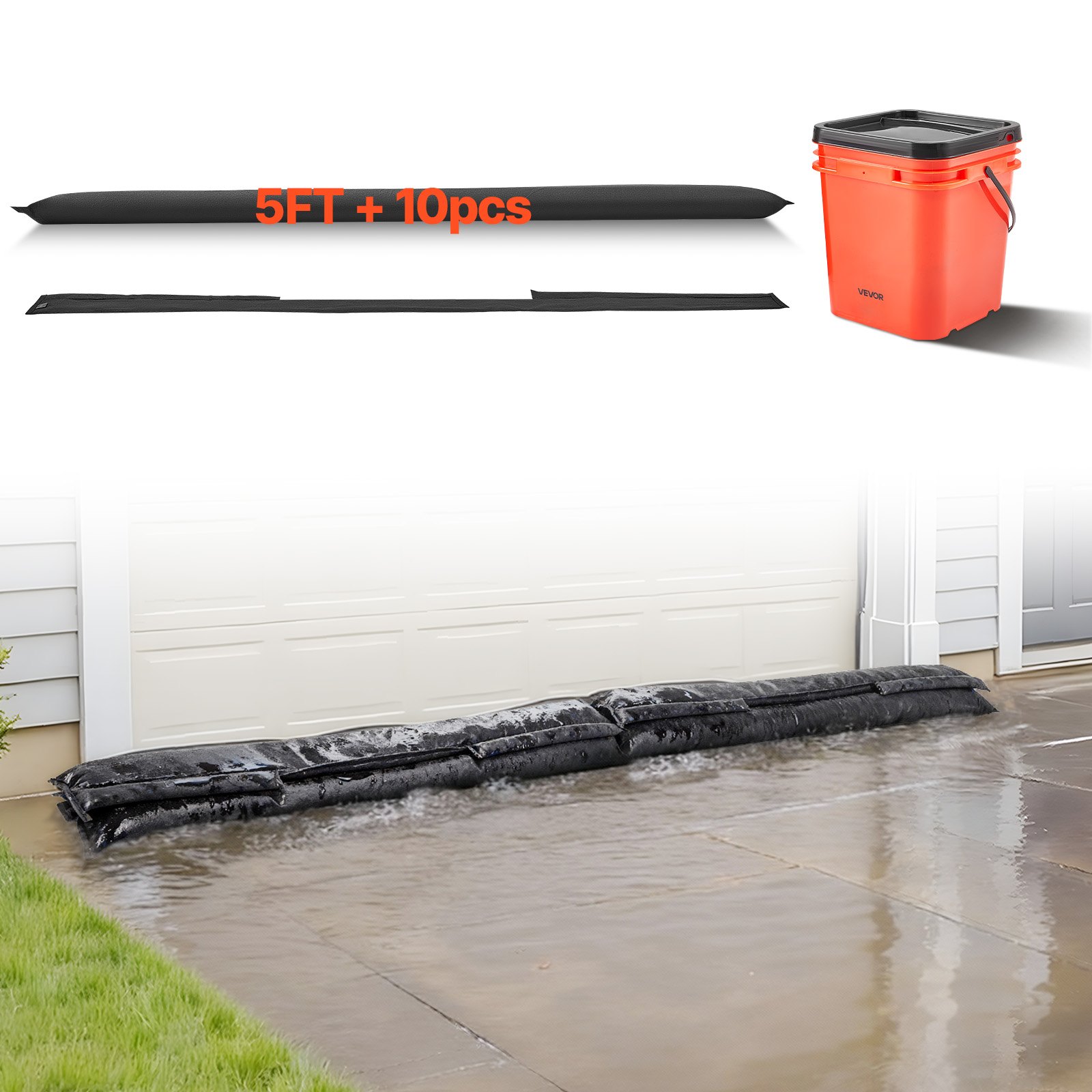 VEVOR Barrera Antiinundación Activada por Agua, 10 Bolsas de 152 x 21 cm con Cubo, Capacidad de Absorción de Agua 11,83 kg, Dispositivo de Protección para Puertas, Sótanos y Garajes