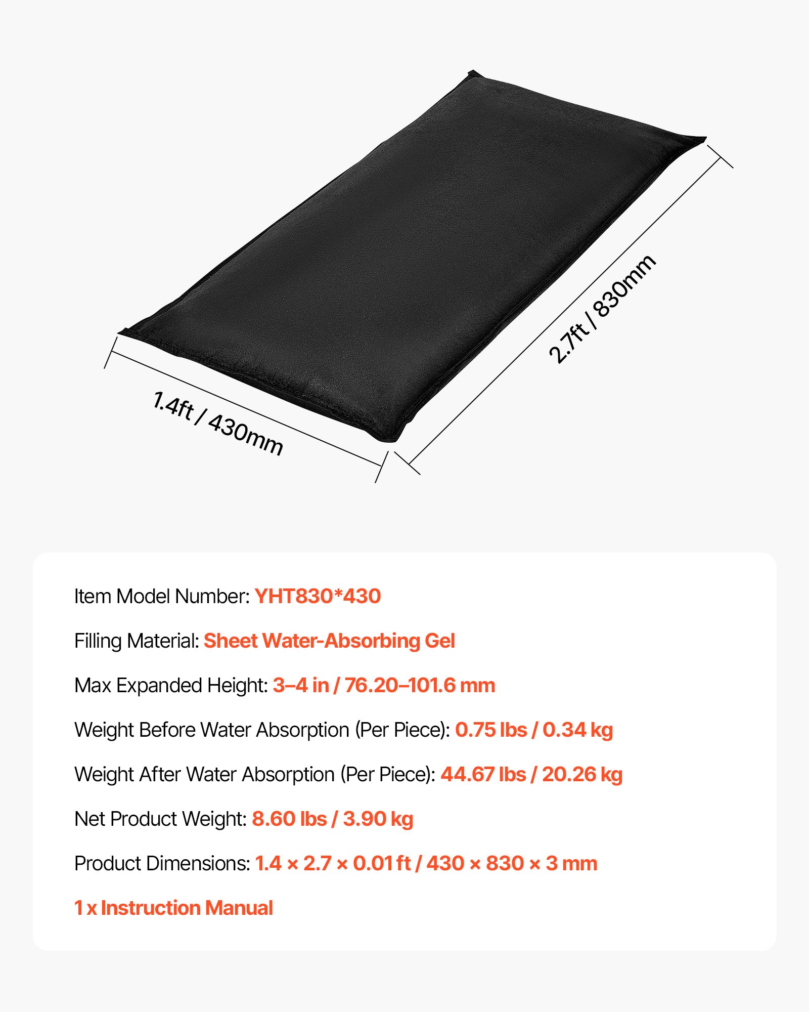 VEVOR Barrera Antiinundación Activada por Agua, 10 Bolsas de 430 x 830 x 3 mm con Cubo, Lámina de Gel Absorbente de Agua, Dispositivo de Protección para Puertas, Sótanos y Garajes ante Tormentas