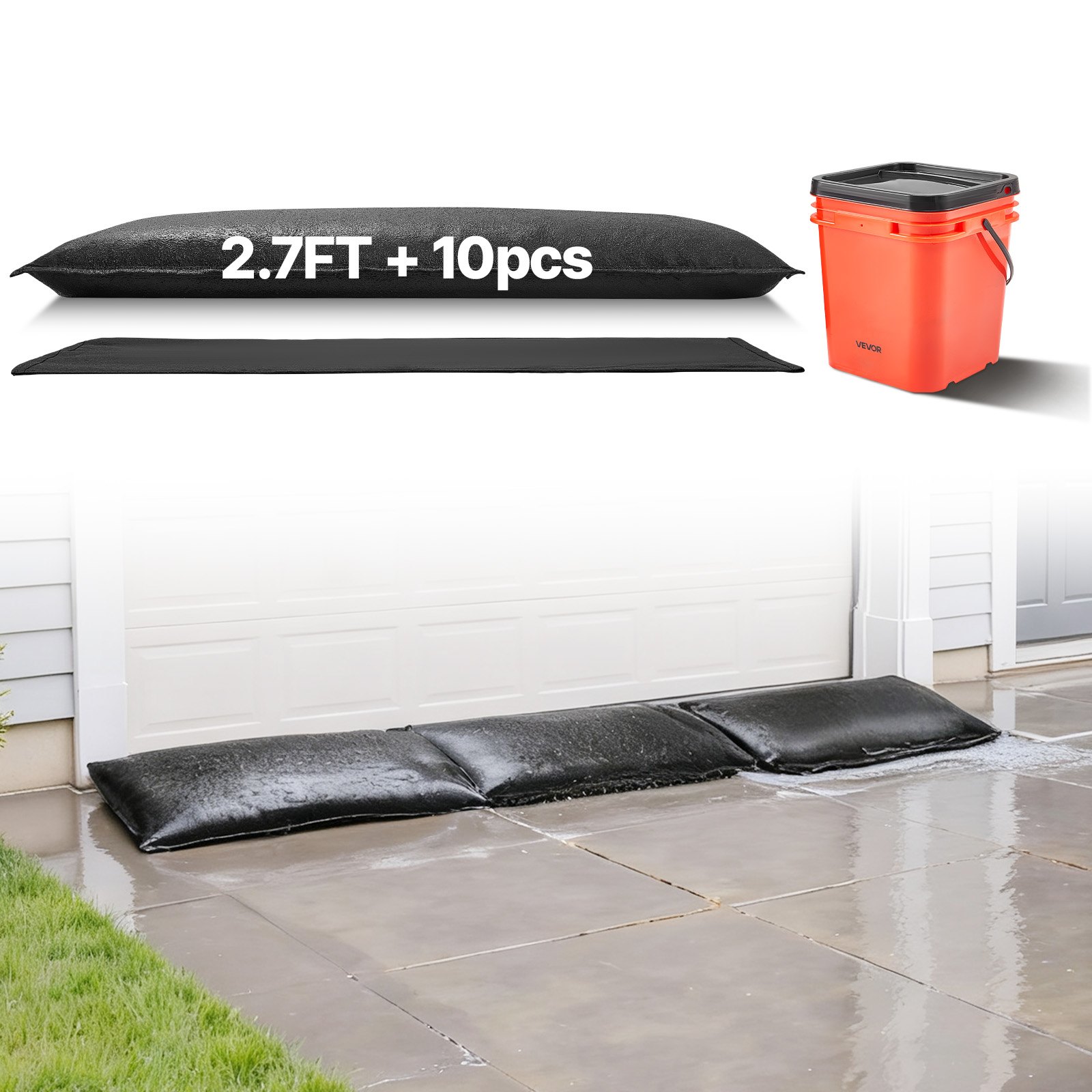 VEVOR Barrera Antiinundación Activada por Agua, 10 Bolsas de 430 x 830 x 3 mm con Cubo, Lámina de Gel Absorbente de Agua, Dispositivo de Protección para Puertas, Sótanos y Garajes ante Tormentas