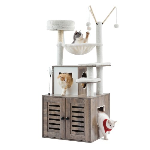 VEVOR Árbol Grande para Gatos 575 x 500 x 1380 mm con Caja de Arena, Torre para Gatos 2 en 1 Mueble de Condominio para Gatos de Varios Niveles con Perchas, Postes Rascadores de Sisal, Hamaca, Gris