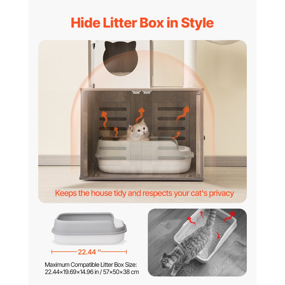 VEVOR Árbol Grande para Gatos 600 x 520 x 1850 mm con Caja de Arena, Torre para Gatos 2 en 1 Mueble de Condominio para Gatos de Varios Niveles con Perchas, Postes Rascadores de Sisal, Hamaca, Gris