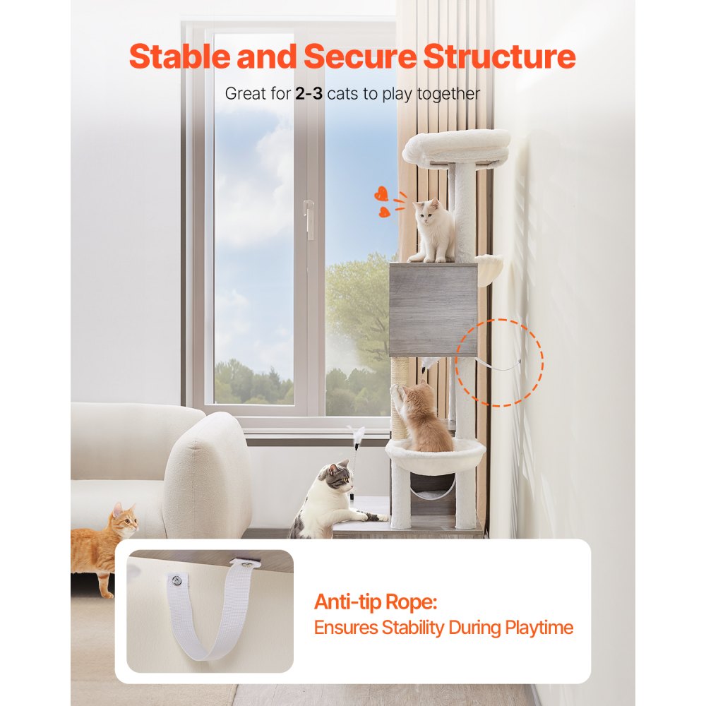 VEVOR Árbol Grande para Gatos 600 x 520 x 1850 mm con Caja de Arena, Torre para Gatos 2 en 1 Mueble de Condominio para Gatos de Varios Niveles con Perchas, Postes Rascadores de Sisal, Hamaca, Gris