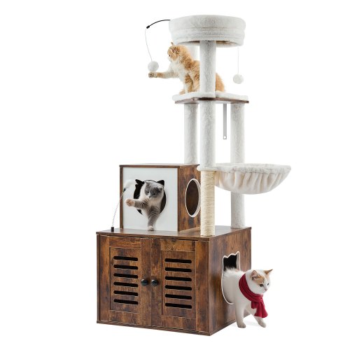 VEVOR Árbol Grande para Gatos 580 x 500 x 1400 mm con Caja de Arena, Torre para Gatos 2 en 1 Mueble de Condominio para Gatos de Varios Niveles con Perchas, Postes Rascadores de Sisal, Hamaca, Marrón