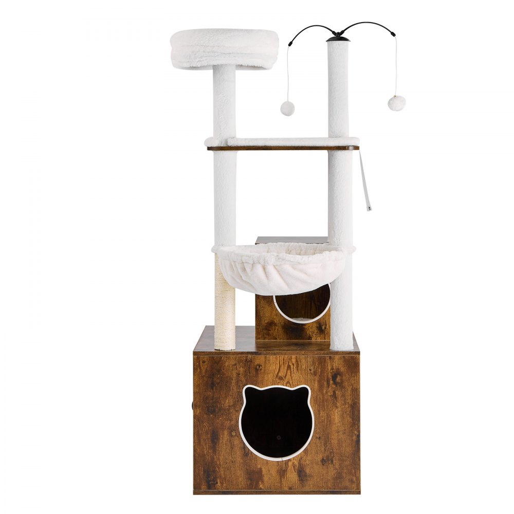VEVOR Árbol Grande para Gatos 580 x 500 x 1400 mm con Caja de Arena, Torre para Gatos 2 en 1 Mueble de Condominio para Gatos de Varios Niveles con Perchas, Postes Rascadores de Sisal, Hamaca, Marrón