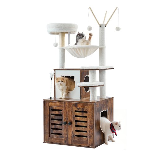 VEVOR Árbol Grande para Gatos 575 x 500 x 1380 mm con Caja de Arena, Torre para Gatos 2 en 1 Mueble de Condominio para Gatos de Varios Niveles con Perchas, Postes Rascadores de Sisal, Hamaca, Marrón