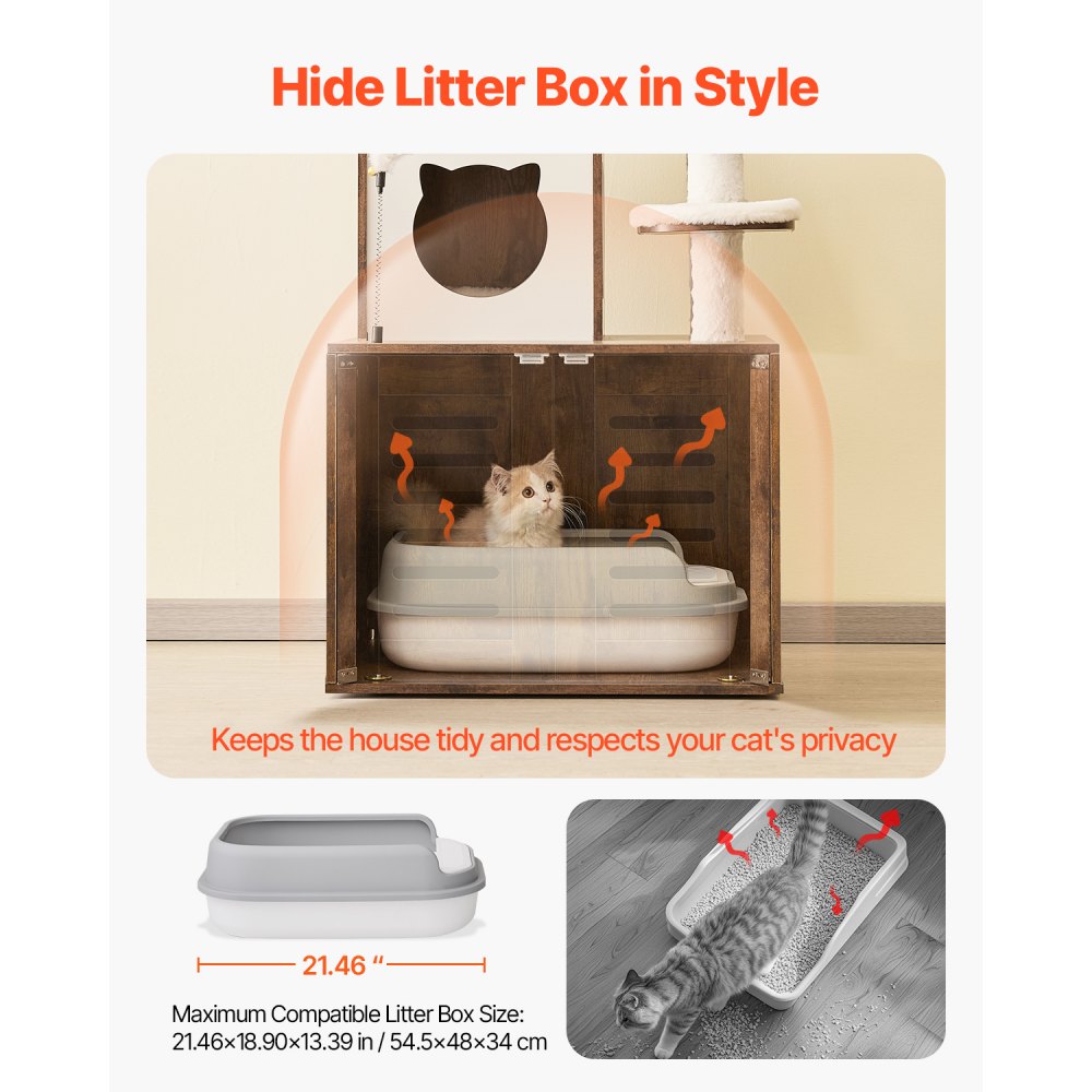 VEVOR Árbol Grande para Gatos 575 x 500 x 1380 mm con Caja de Arena, Torre para Gatos 2 en 1 Mueble de Condominio para Gatos de Varios Niveles con Perchas, Postes Rascadores de Sisal, Hamaca, Marrón