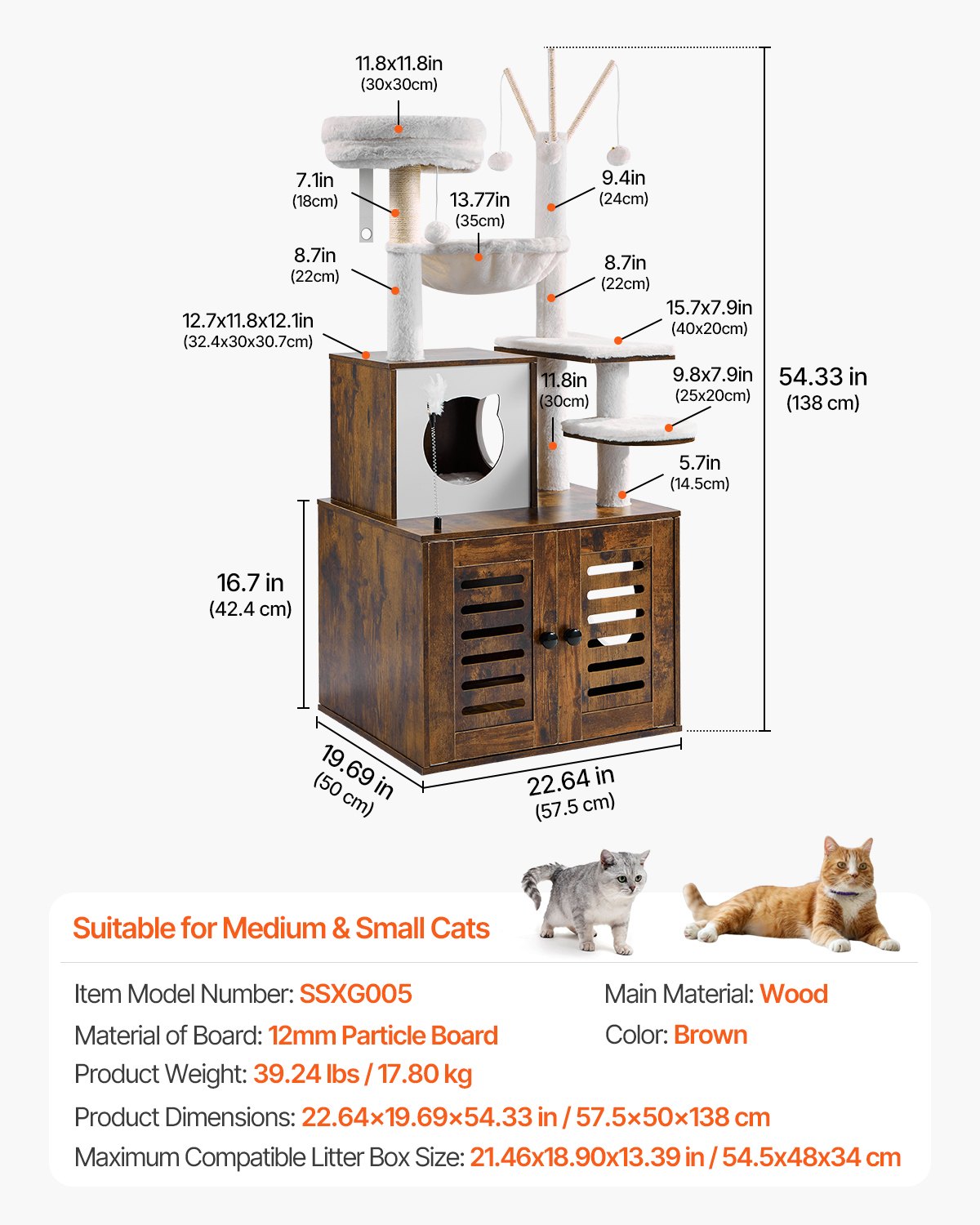 VEVOR Árbol Grande para Gatos 575 x 500 x 1380 mm con Caja de Arena, Torre para Gatos 2 en 1 Mueble de Condominio para Gatos de Varios Niveles con Perchas, Postes Rascadores de Sisal, Hamaca, Marrón