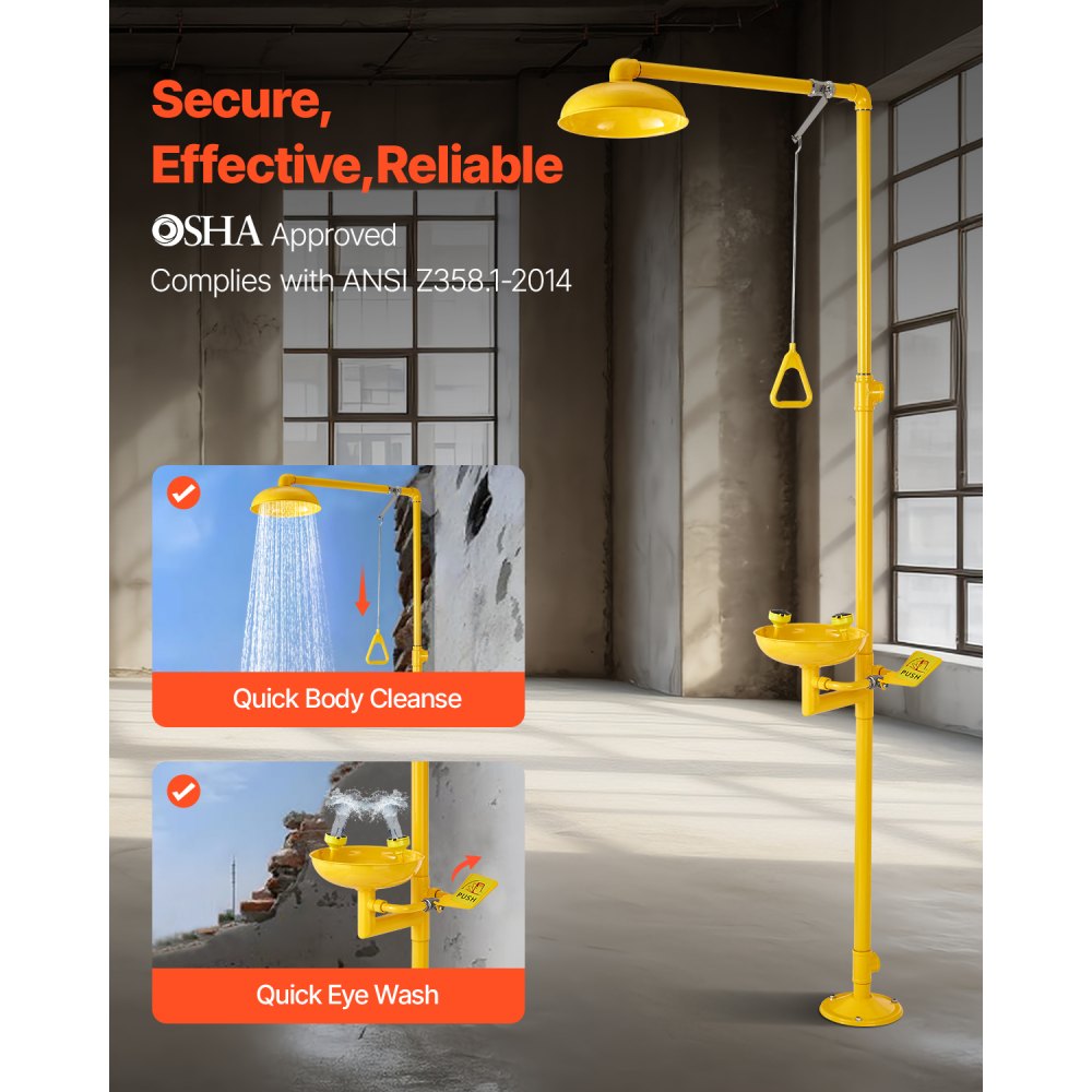 VEVOR Estación Lavaojos de Emergencia, Estación Lavaojos con Ducha de Emergencia 87 x 40 x 233 cm Diámetro del Lavabo para Lavado de Ojos de 27 cm para Escuelas, Laboratorios y Fábricas, Amarillo