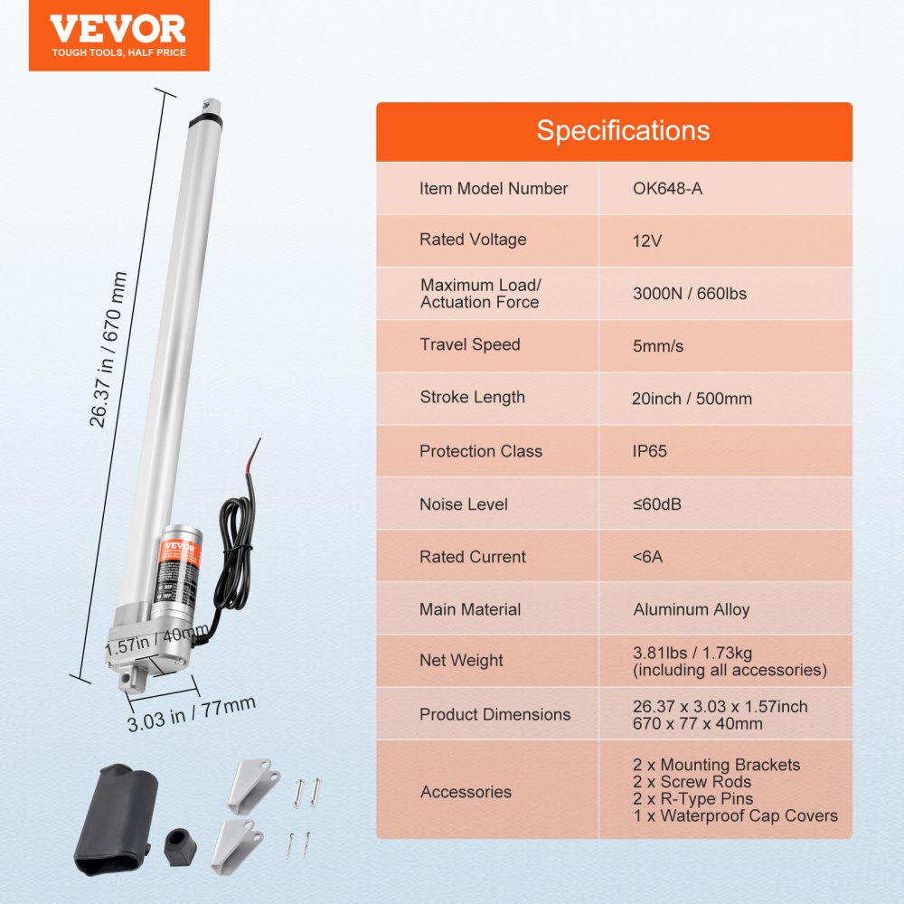 VEVOR 3000N Linear Actuator DC 12V Linear Drive IP65 Electric Linear Motor 500mm Stroke Length Noise Level ≤60dB Electric Door Opener 5mm/s Travel Speed Linear Technology Adjustment Drive