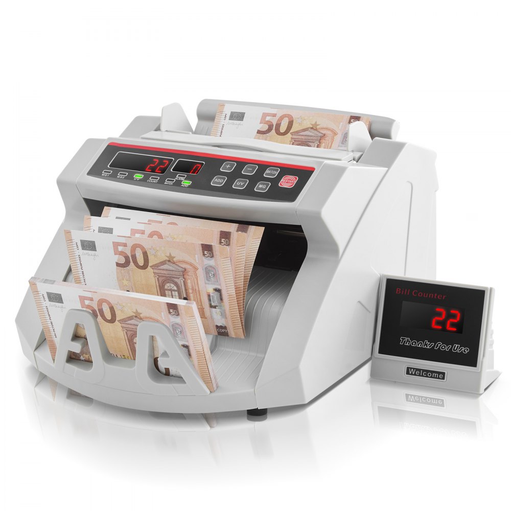 VEVOR Contador de Billetes Profesional, 1000 PCS por Minuto, Contadora de Dinero con Detección de Falsos UV/MG/IR/DD, Máquina Contar Billetes EUR GBP USD, Pantalla LED, para Tiendas y Bancos