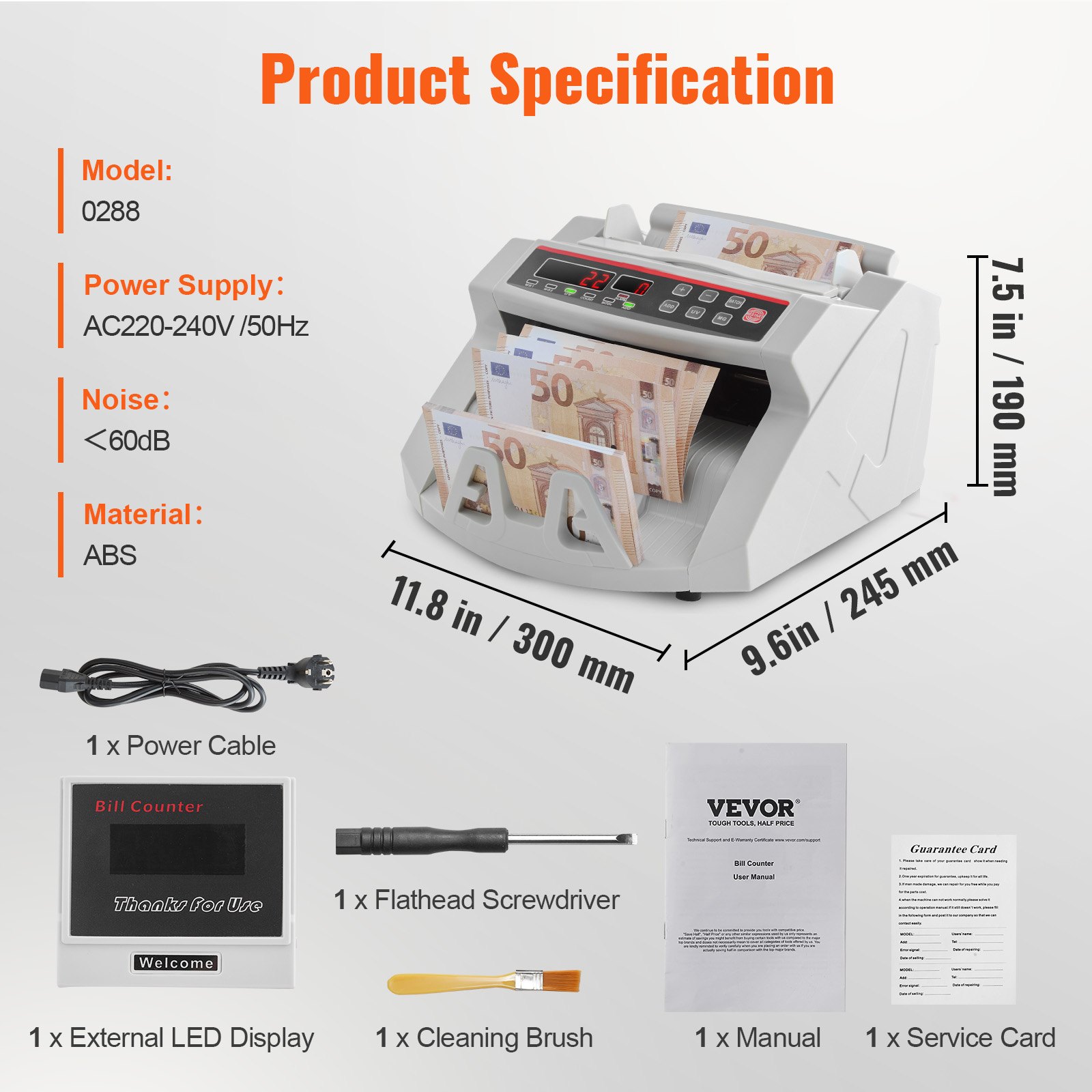 VEVOR Contador de Billetes Profesional, 1000 PCS por Minuto, Contadora de Dinero con Detección de Falsos UV/MG/IR/DD, Máquina Contar Billetes EUR GBP USD, Pantalla LED, para Tiendas y Bancos