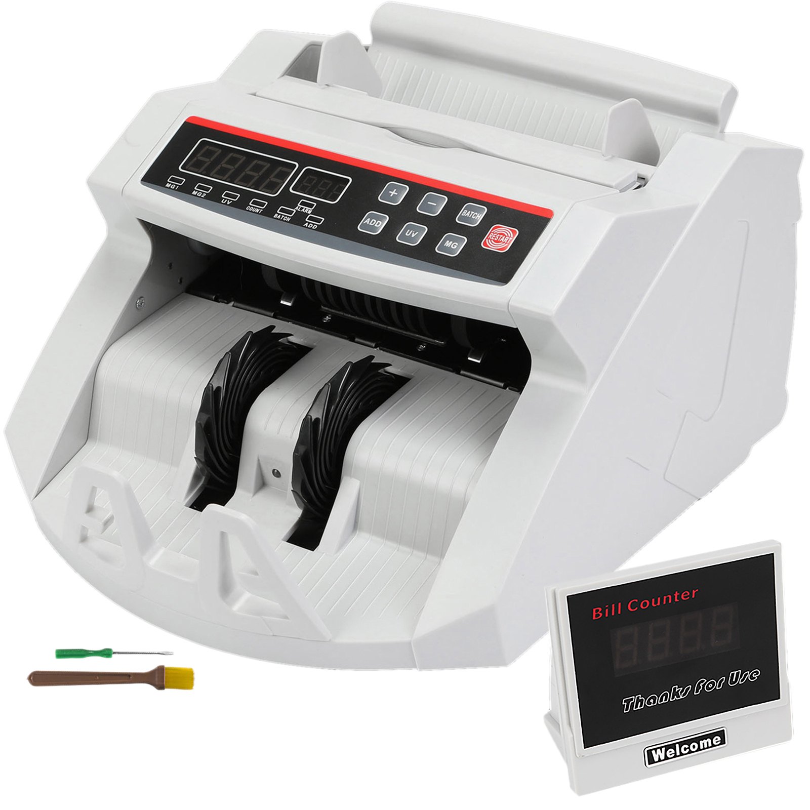 BuoQua FJ0288 Money Counting Machine White with Counterfeit Detection Banknote Counter 1000 pieces/min with UV and MG Systems 7 kg Money Counter with LED Screen for Euro Dollar Pound (26 x 23.5 x 17 cm)