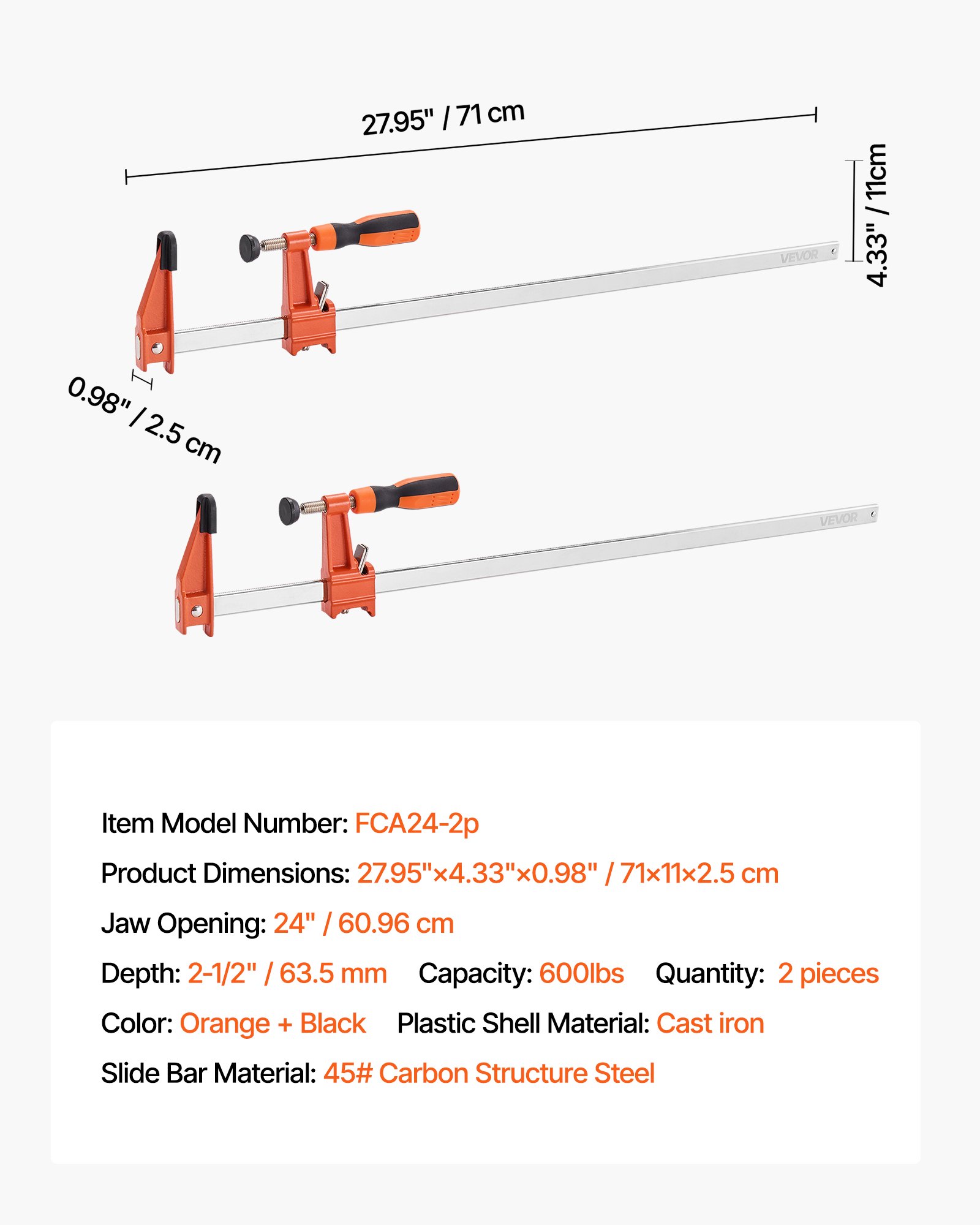 VEVOR Sargentos de Barra para Carpintería 2 PCS, Apertura de 60,96 cm, Abrazadera en F Bloqueable de Hierro Fundido y Acero al Carbono, Carga de 272 kg, Fáciles de Usar, Sargentos para Madera