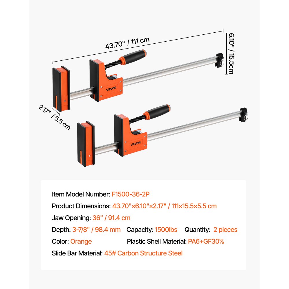 VEVOR Bar Clamps for Woodworking, 2-Pack 91.4 cm Parallel Clamp Set, F-Clamp with 680 kg Load Limit, Even Pressure, High-strength Plastic and Carbon Steel, for Woodworking Metal Working, Orange