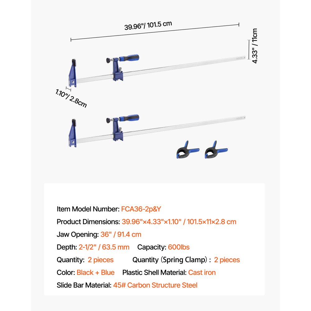 VEVOR Sargentos de Barra para Carpintería, 2 Piezas Apertura de 91,4 cm, Abrazadera en F Bloqueable de Hierro Fundido y Acero al Carbono con Límite de Carga de 272 kg para Carpintería y Metalurgia