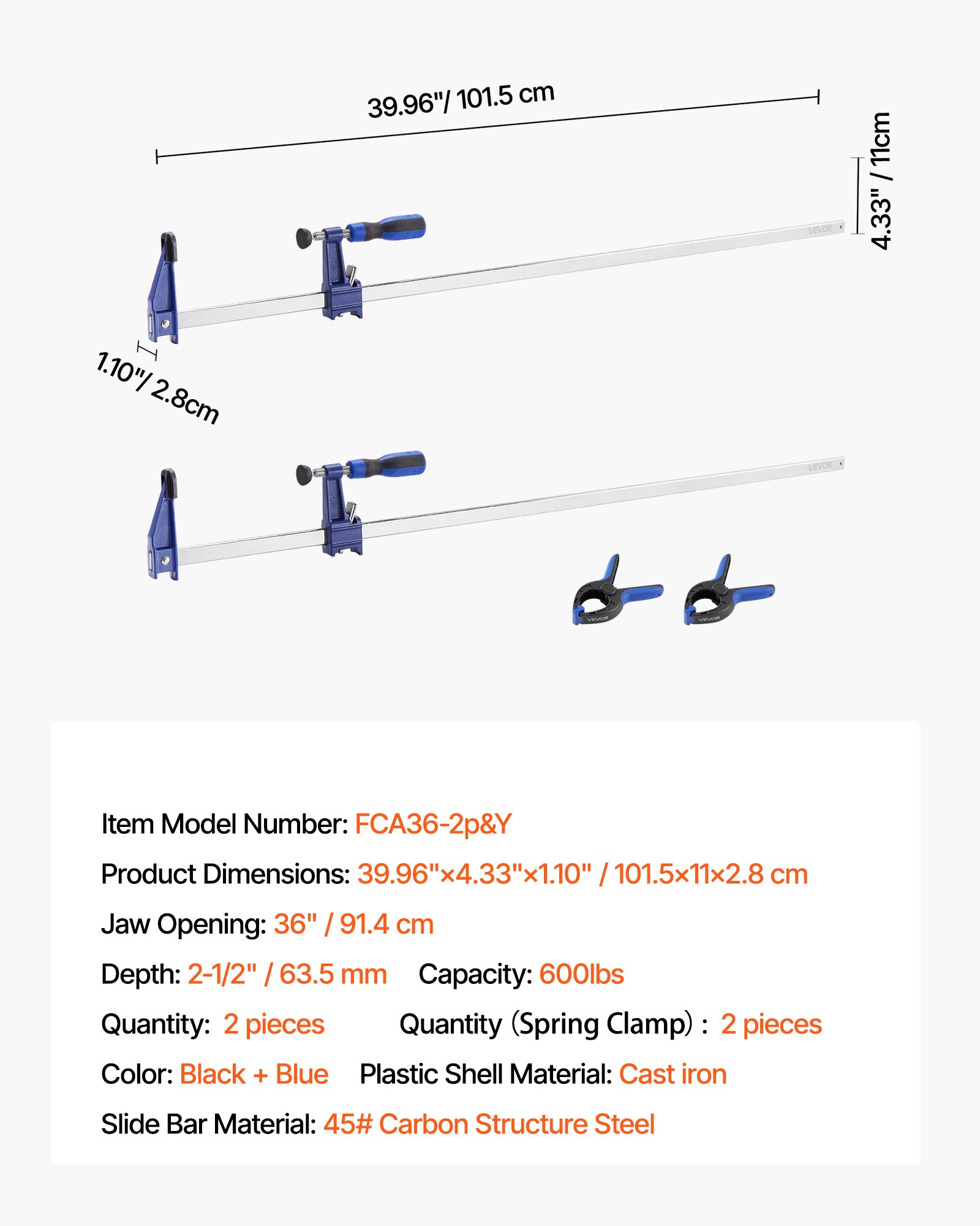 VEVOR Bar Clamps for Woodworking, 2-Pack 91.4 cm Opening, Lockable F-Clamp with 272 kg Load Limit,63.5 mm Depth, Cast Iron and Carbon Steel, Easy to Use, Wood Clamps for Woodworking Metal Working