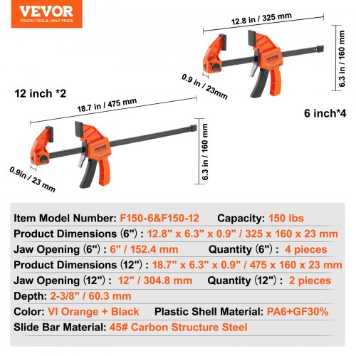VEVOR Juego de 2 Abrazaderas de Barra con Apertura de 304,8 mm y 4 Abrazaderas de Barra con Apertura de 152,4 mm Sargentos Carpintero para Carpintería Capacidad de 68 kg Abrazaderas de Madera