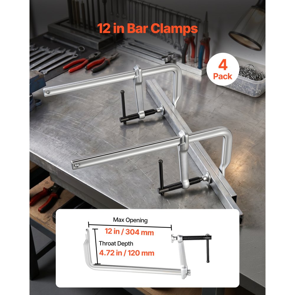 VEVOR Sargentos de Apriete 4 Pcs 30,48 cm Abrazaderas de Barra para Madera, Profundidad de 12 cm, Capacidad de Fuerza de 545 kg, Acero Forjado, Herramientas para Soldadura y Proyectos de Carpintería