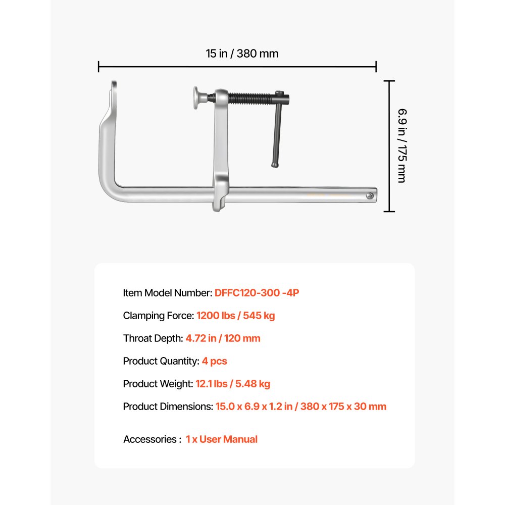 VEVOR Sargentos de Apriete 4 Pcs 30,48 cm Abrazaderas de Barra para Madera, Profundidad de 12 cm, Capacidad de Fuerza de 545 kg, Acero Forjado, Herramientas para Soldadura y Proyectos de Carpintería