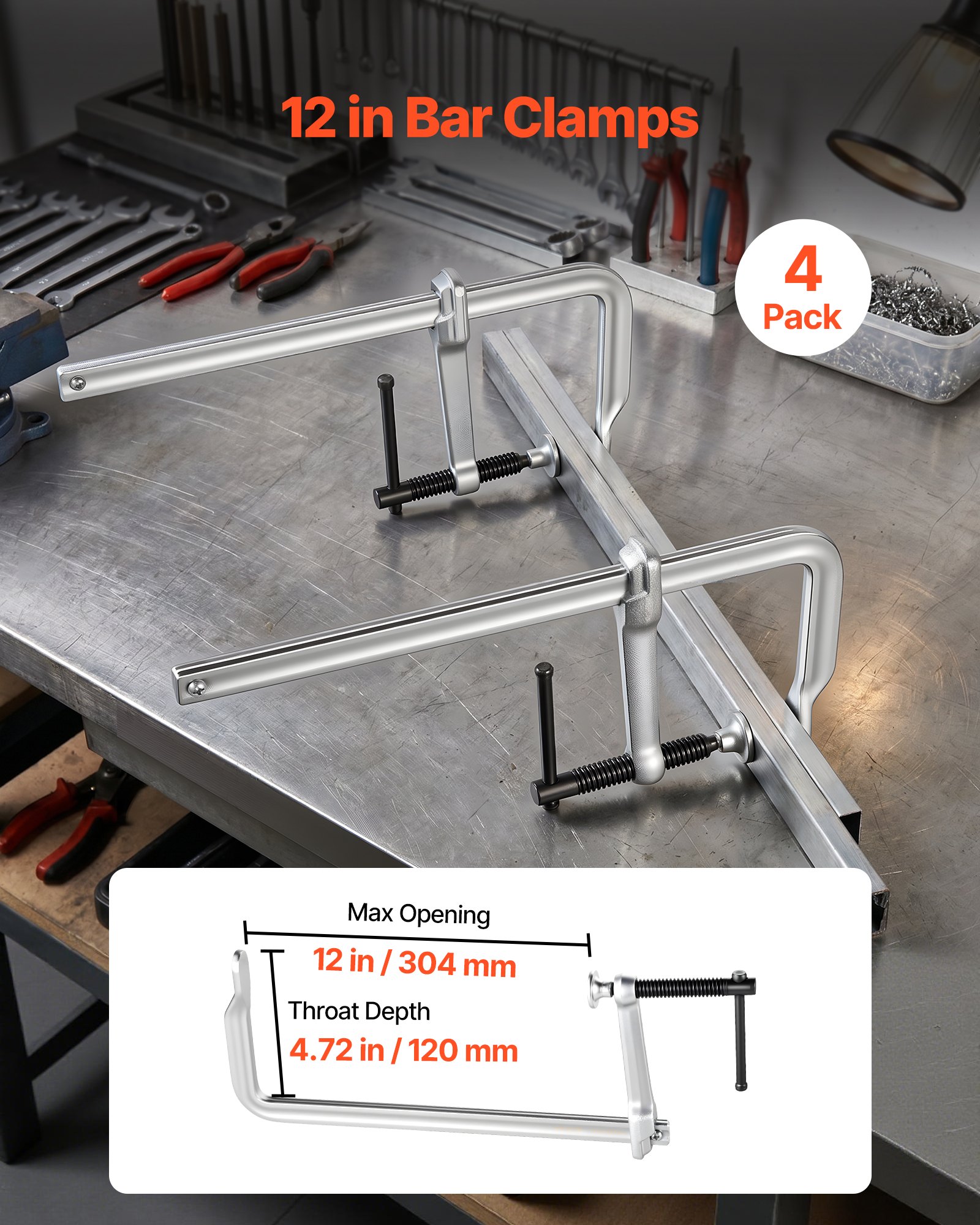 VEVOR Sargentos de Apriete 4 Pcs 30,48 cm Abrazaderas de Barra para Madera, Profundidad de 12 cm, Capacidad de Fuerza de 545 kg, Acero Forjado, Herramientas para Soldadura y Proyectos de Carpintería