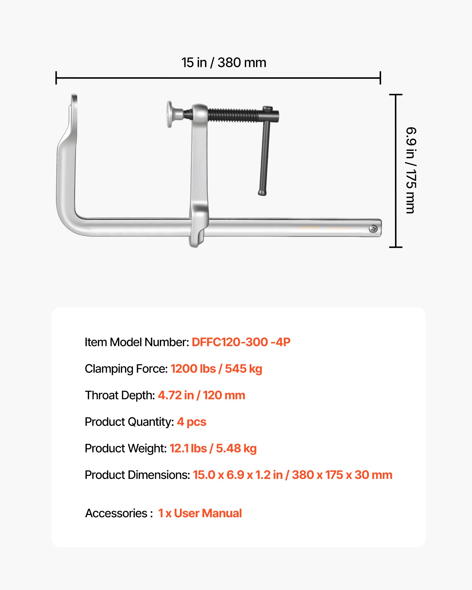 VEVOR Sargentos de Apriete 4 Pcs 30,48 cm Abrazaderas de Barra para Madera, Profundidad de 12 cm, Capacidad de Fuerza de 545 kg, Acero Forjado, Herramientas para Soldadura y Proyectos de Carpintería