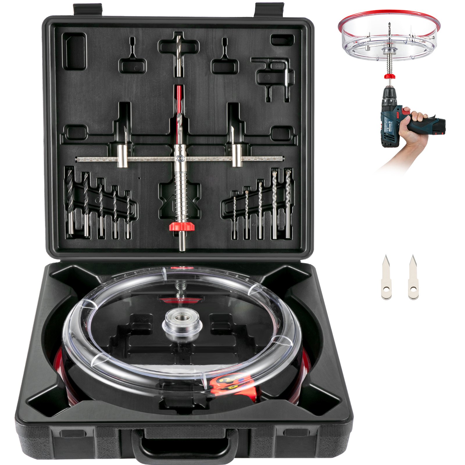 VEVOR Kit de Cortador de Sierra Perforadora Agujeros Redondos Diámetro Ajustable 40-200 mm Cortador de Sierra de Orificio Circular Acero Sierra de Perforación con Recoge Polvo para Techo Cemento Yeso