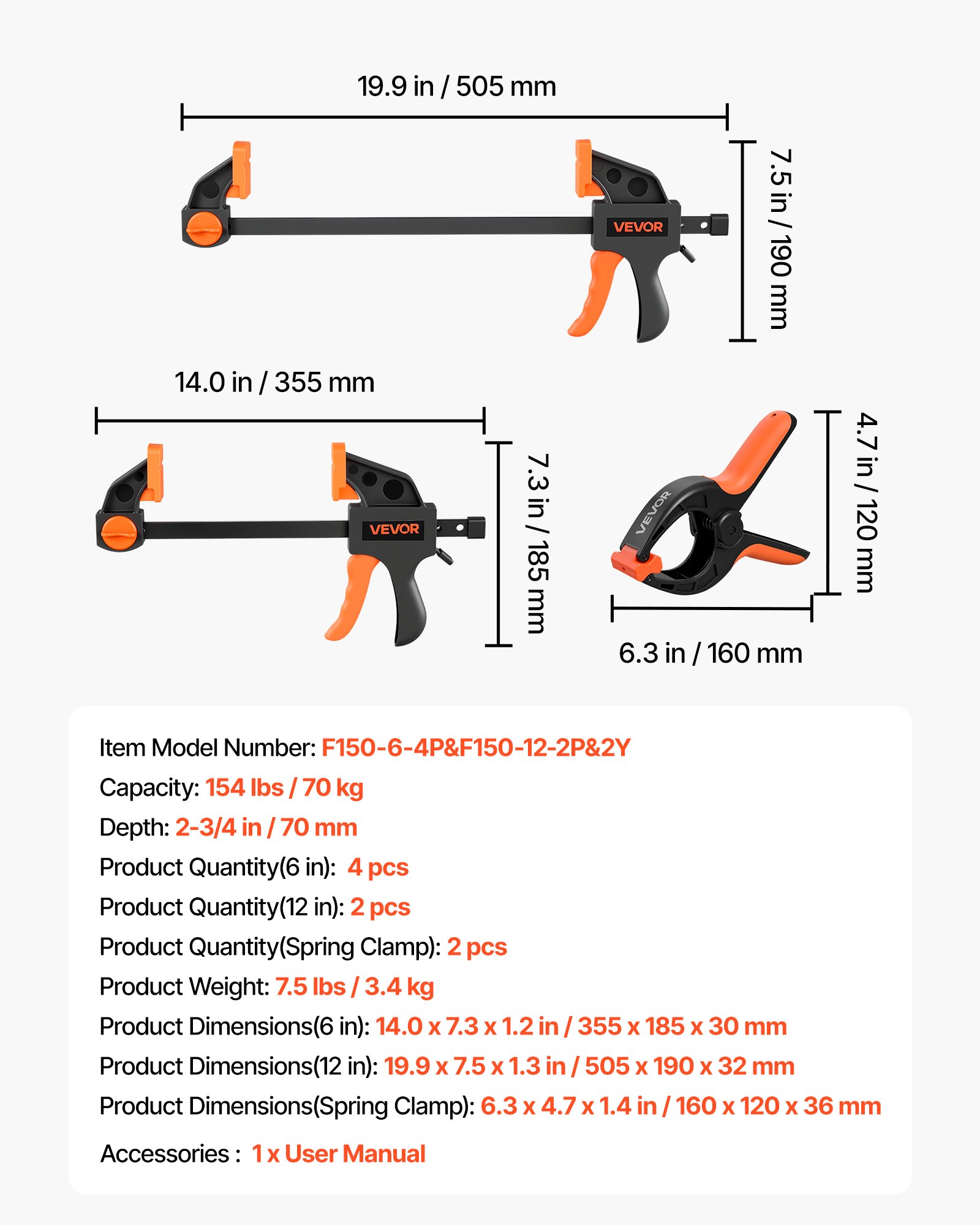 VEVOR Sargentos de Barra 8 Piezas 15,24 cm y 30,48 cm de Liberación Rápida, Abrazaderas de Barra para Madera, Presión Rápida, Fuerza de Apriete 70 kg, Pinzas de Resorte, Herramientas para Carpintería