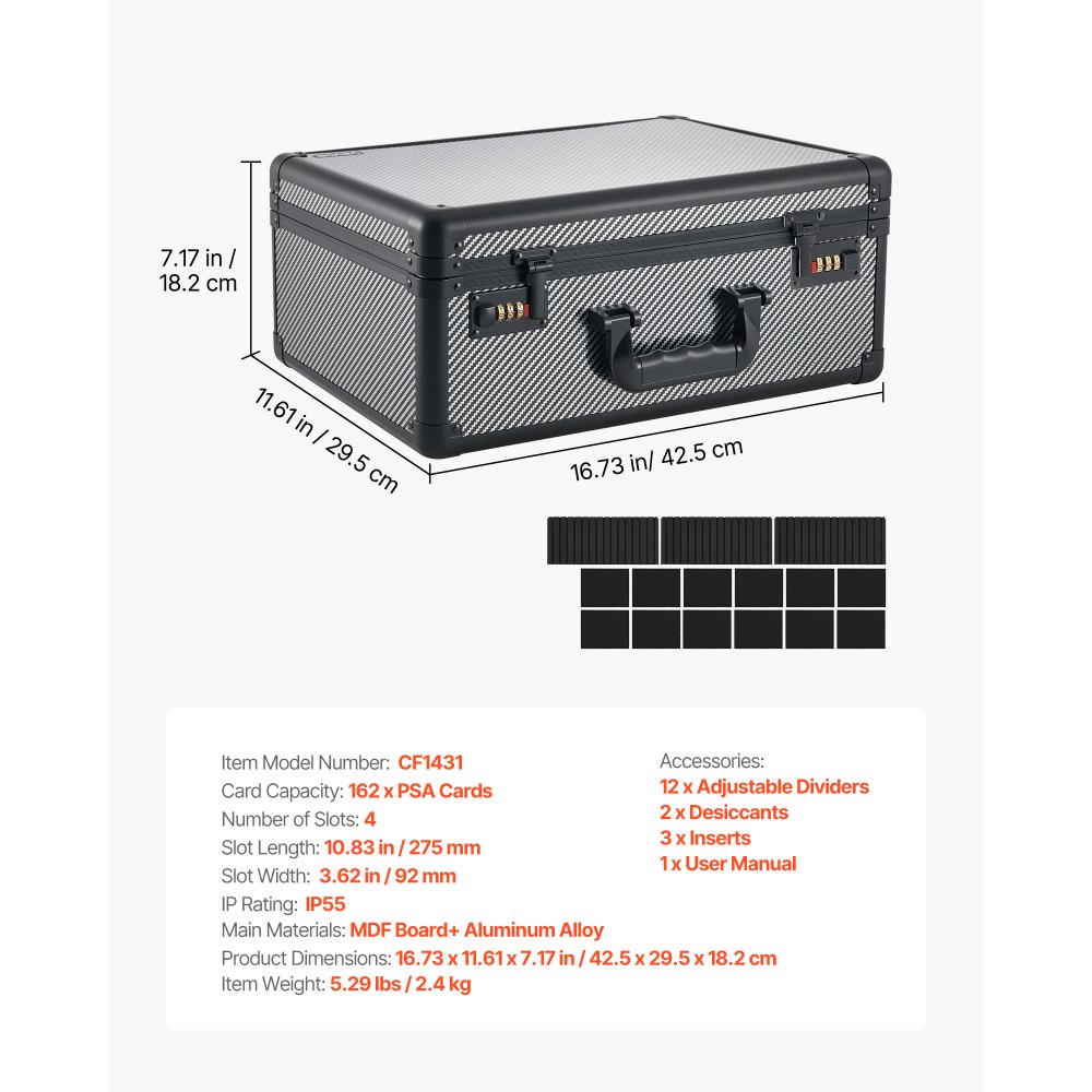 VEVOR Caja de Almacenamiento para Tarjetas Graduadas, 4 Filas 12 Separadores, Capacidad para 162 Tarjetas PSA, 130 SGC, 115 BGS, 585 Protectores o Más de 999 Tarjetas Sueltas, Cerradura de Combinación