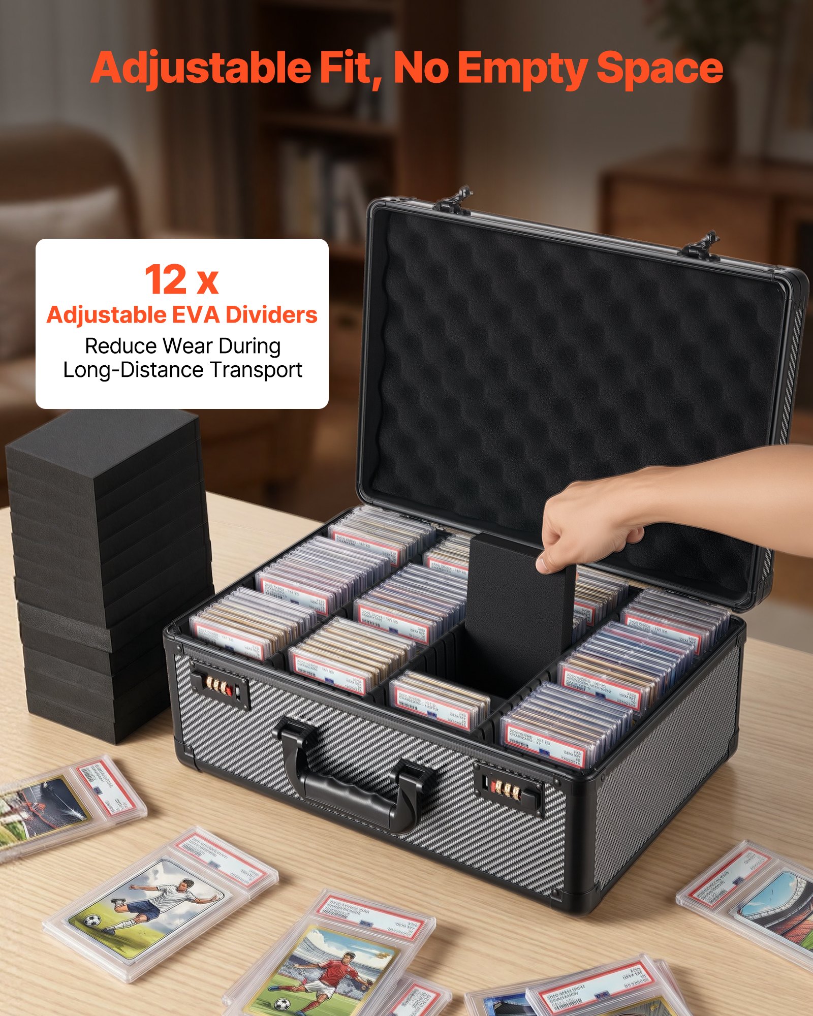 VEVOR Caja de Almacenamiento para Tarjetas Graduadas, 4 Filas 12 Separadores, Capacidad para 162 Tarjetas PSA, 130 SGC, 115 BGS, 585 Protectores o Más de 999 Tarjetas Sueltas, Cerradura de Combinación