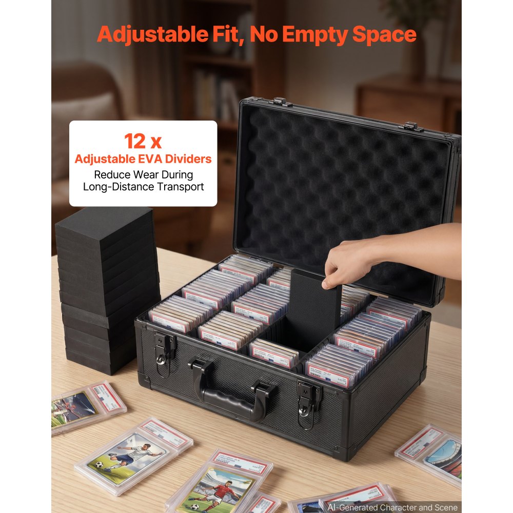 VEVOR Caja para Tarjetas Graduadas, 4 Filas 12 Separadores, Capacidad para 120 Tarjetas PSA, 95 SGC, 85 BGS, 435 Protectores o Más de 999 Tarjetas Sueltas, con Cerradura Mecánica y Llaves, Negro