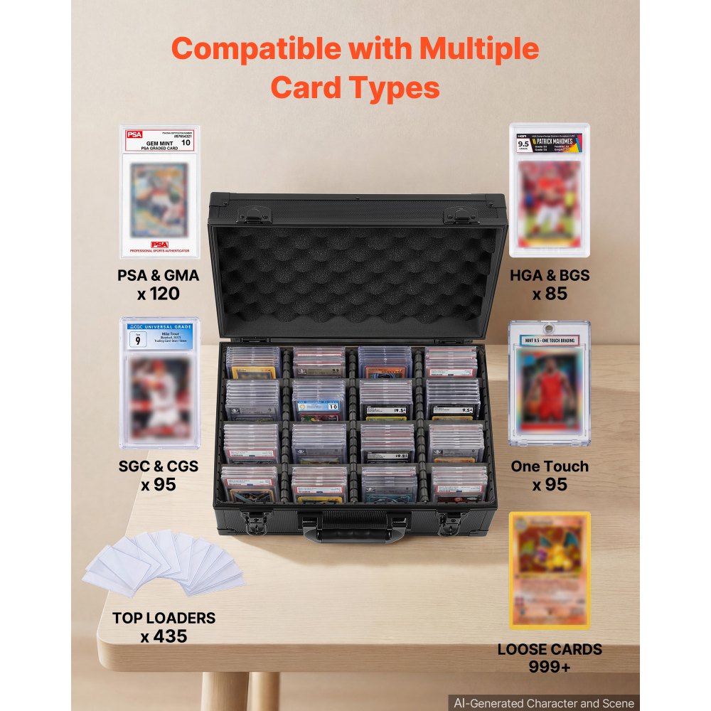 VEVOR Caja para Tarjetas Graduadas, 4 Filas 12 Separadores, Capacidad para 120 Tarjetas PSA, 95 SGC, 85 BGS, 435 Protectores o Más de 999 Tarjetas Sueltas, con Cerradura Mecánica y Llaves, Negro