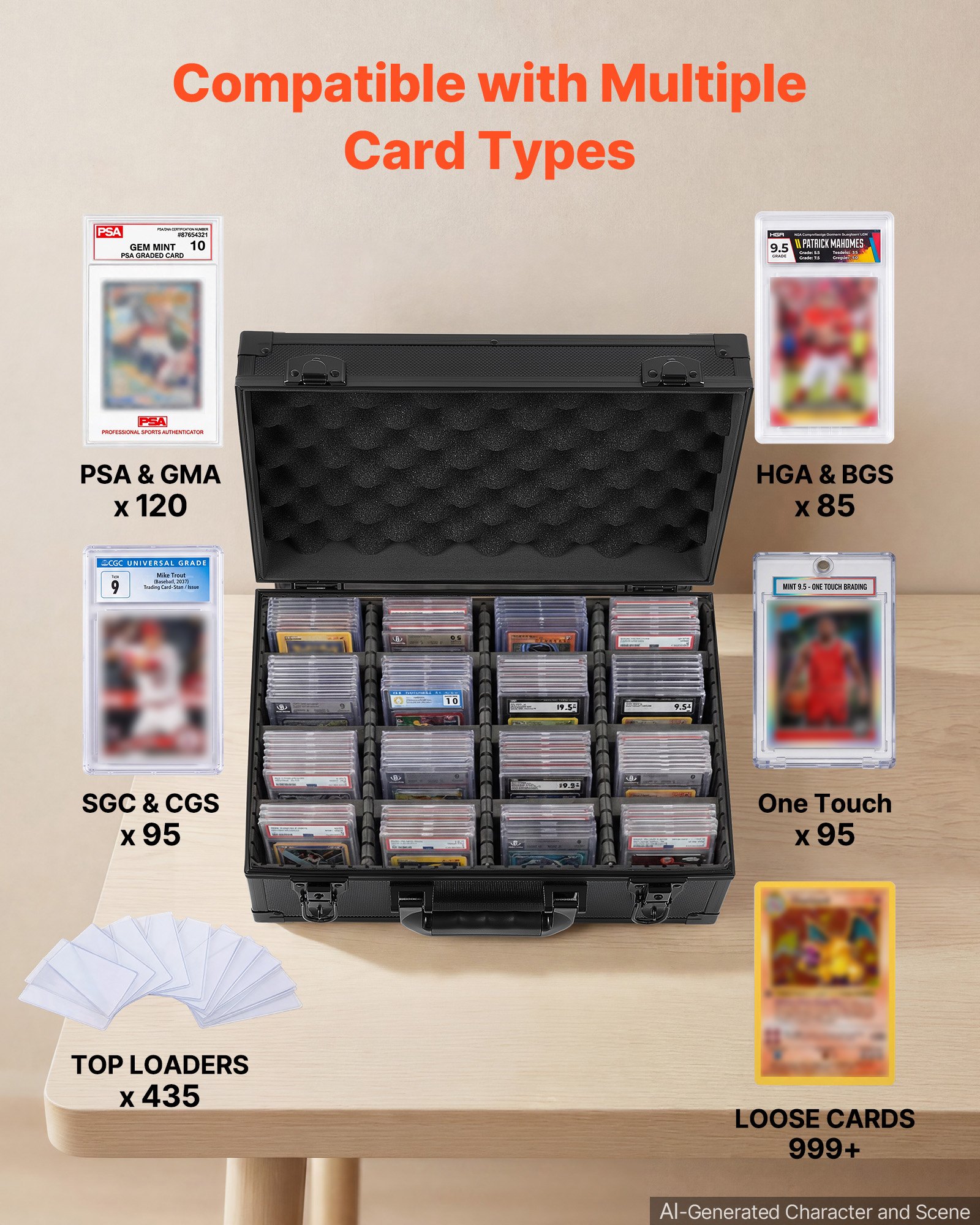 VEVOR Caja para Tarjetas Graduadas, 4 Filas 12 Separadores, Capacidad para 120 Tarjetas PSA, 95 SGC, 85 BGS, 435 Protectores o Más de 999 Tarjetas Sueltas, con Cerradura Mecánica y Llaves, Negro