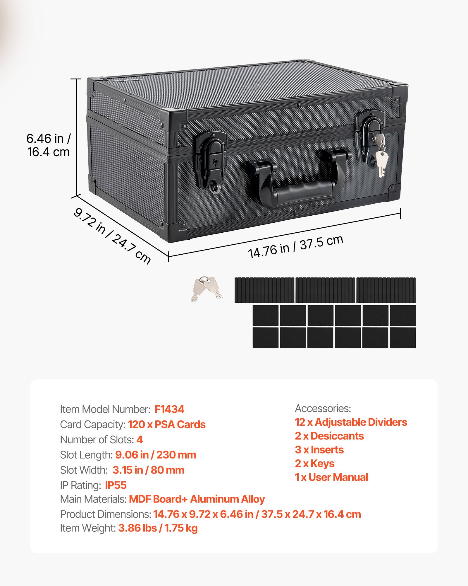 VEVOR Caja para Tarjetas Graduadas, 4 Filas 12 Separadores, Capacidad para 120 Tarjetas PSA, 95 SGC, 85 BGS, 435 Protectores o Más de 999 Tarjetas Sueltas, con Cerradura Mecánica y Llaves, Negro